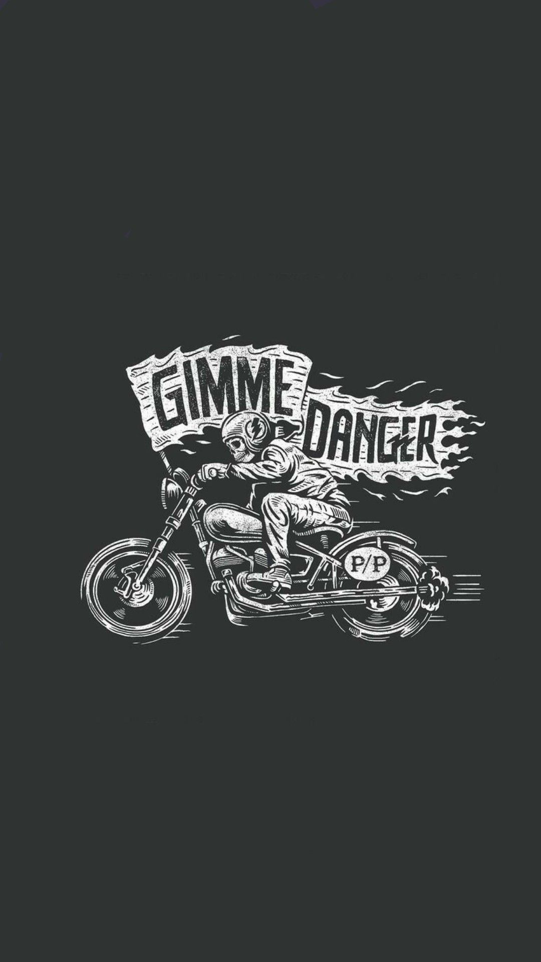 Gimme Danger, Motorrad, Illustration, Dunkelgrau, Schriftzug, Full HD, iPhone-Hintergrundbild