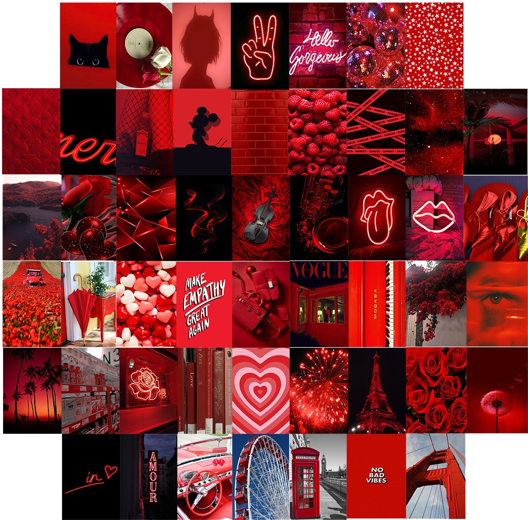Collage, Rote Ästhetik, Herzen, Rote Lippen, Peace-Zeichen, Hintergrundbild fürs iPad