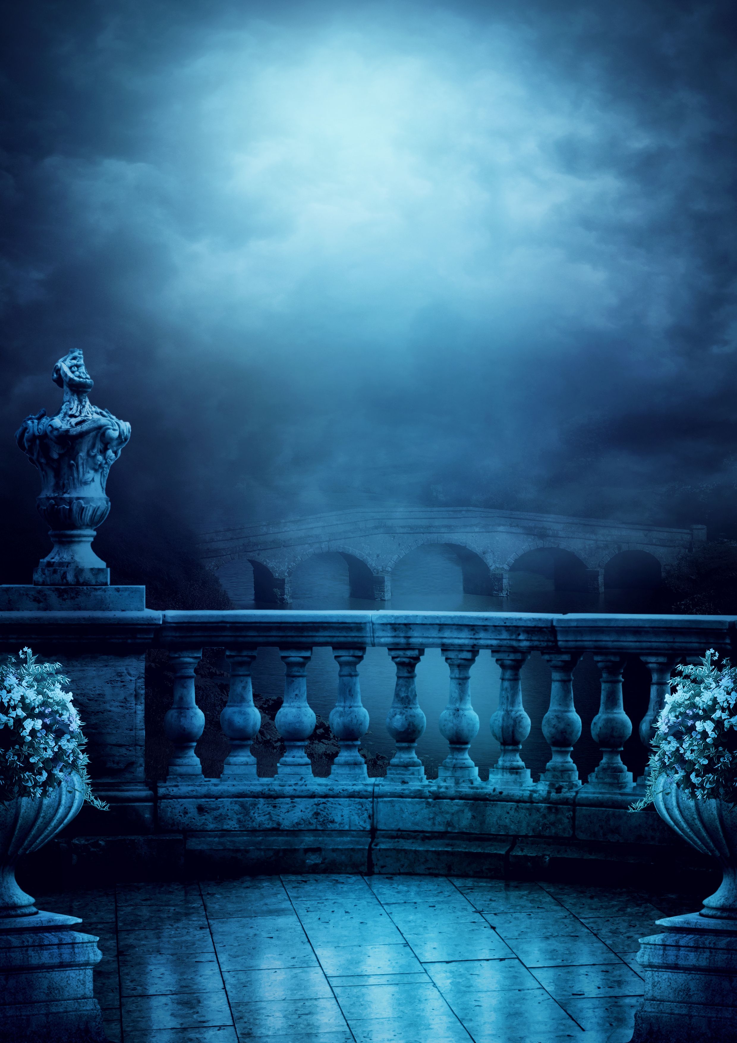 Balustrade, Mondlicht, Nebel, Blau, Nacht, QHD+, iPad-Hintergrundbild