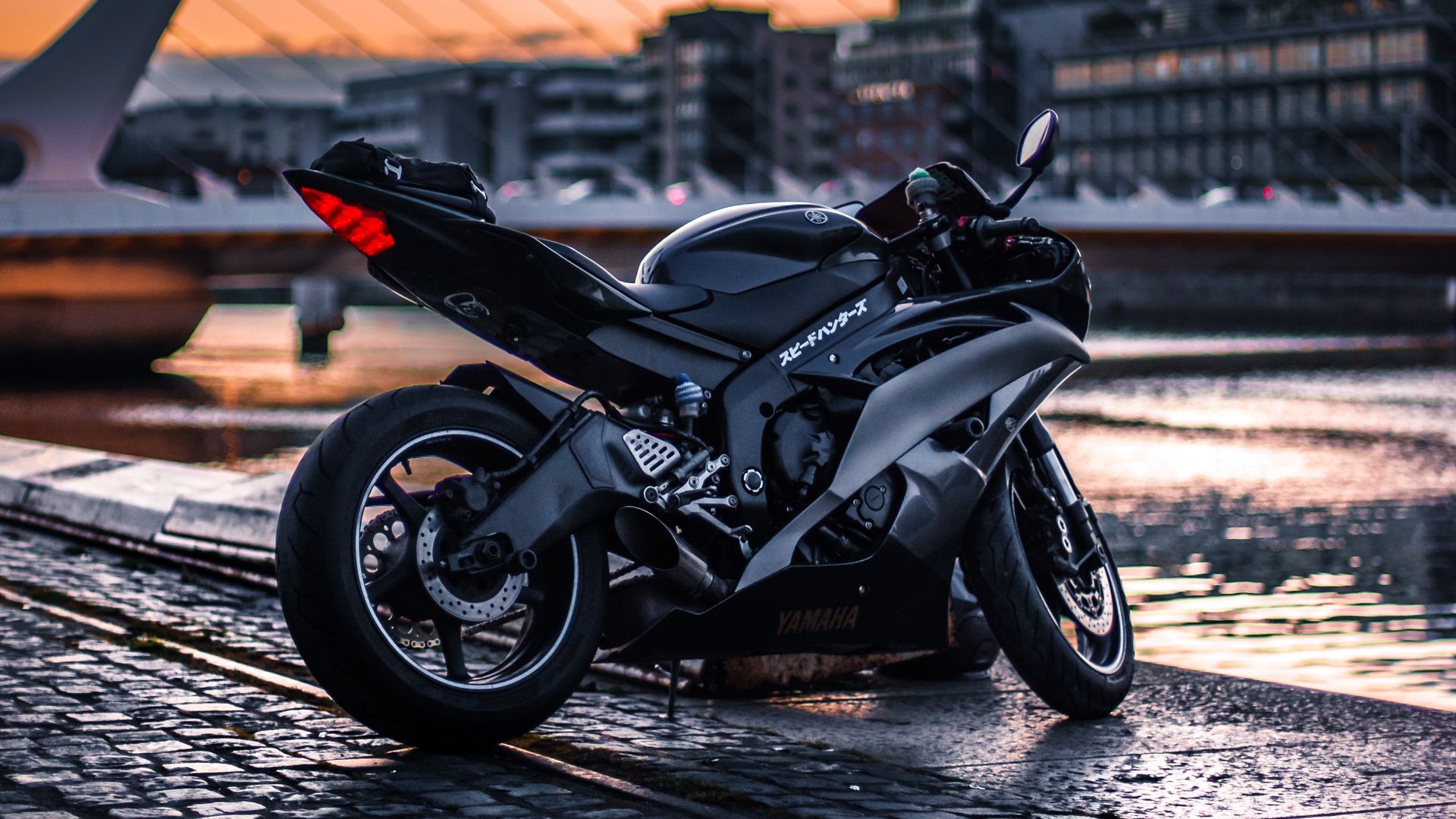 Yamaha YZF-R6, Yamaha, Superbike, Schwarz, Kopfsteinpflaster, Sonnenuntergang, Full-HD-Hintergrund