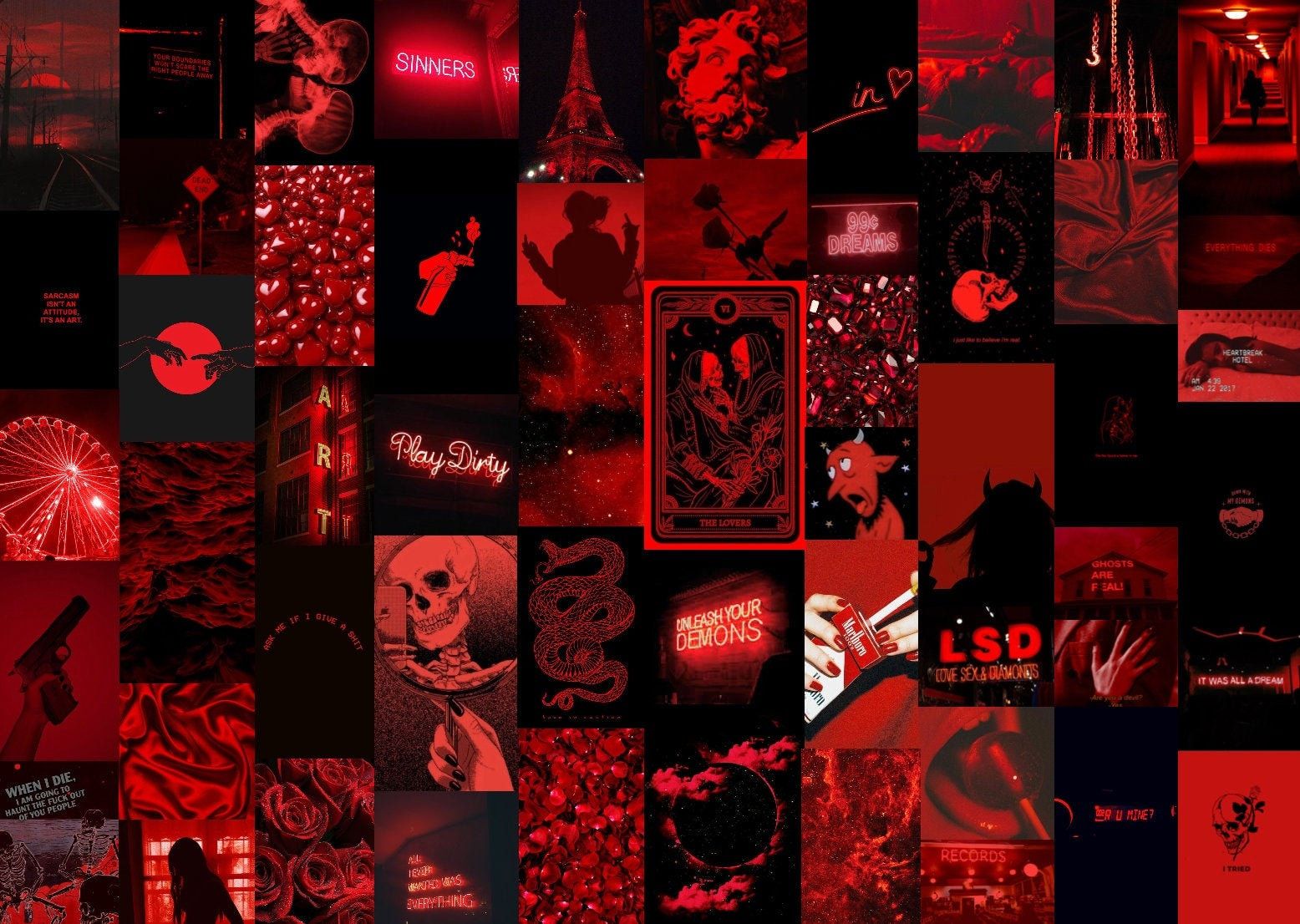 Collage, Rote Ästhetik, Tarotkarte, Schwarz-Rot, Neonschrift, Querformat, HD, PC-Hintergrundbild