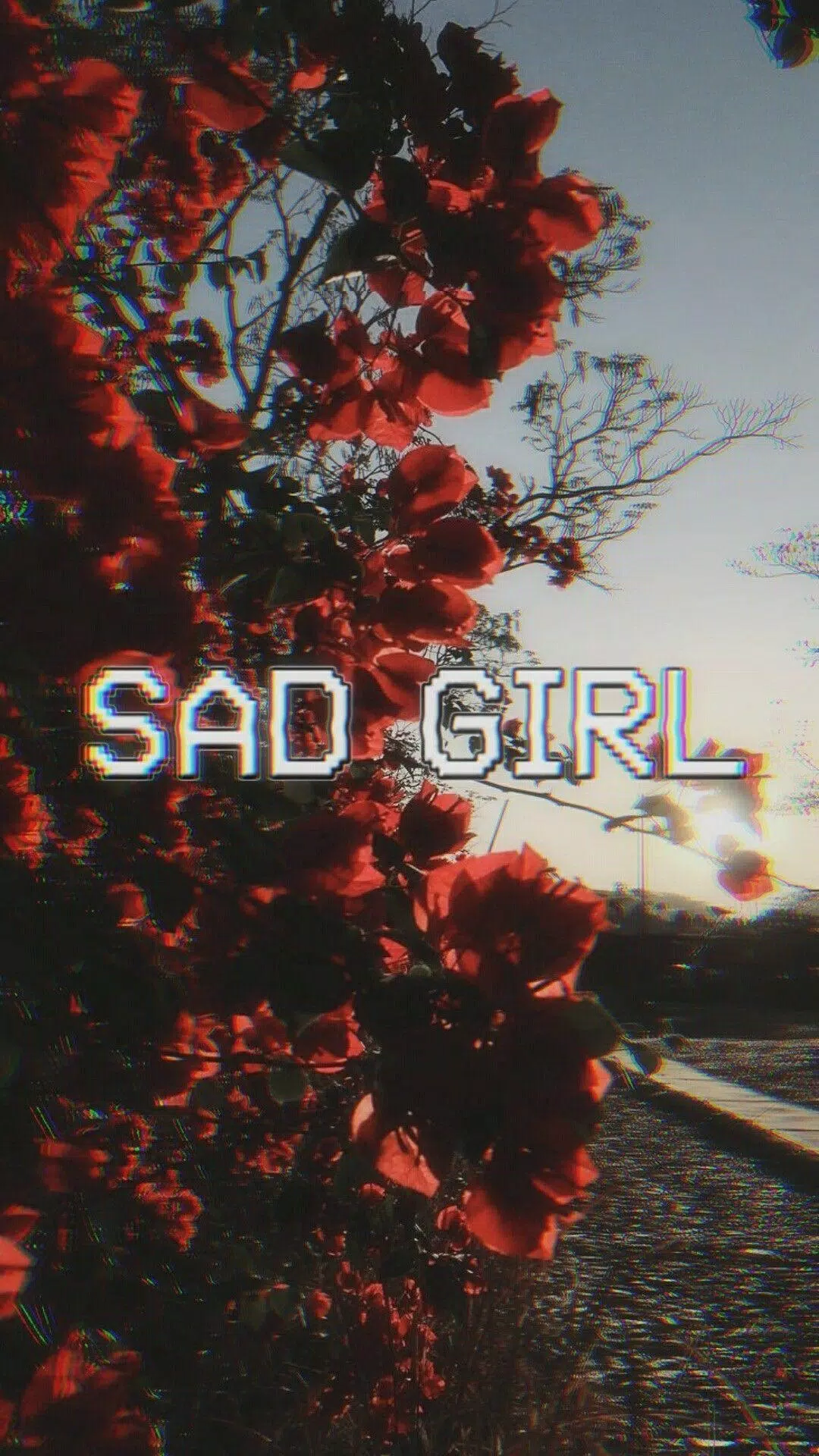 Sad Girl, Rote Blüten, Baum, Typografie, Dämmerung, Full HD, Sperrbildschirm fürs iPhone