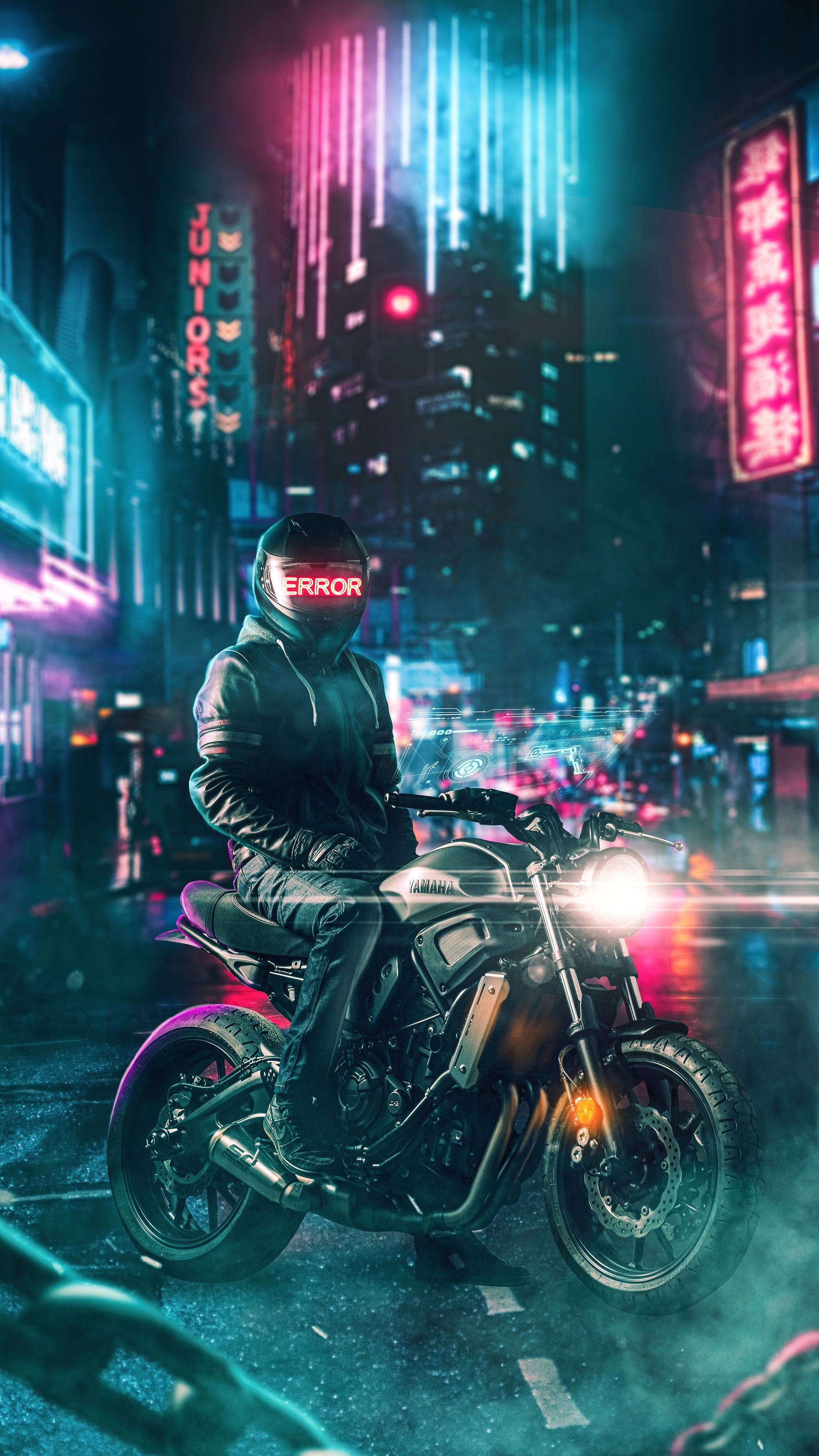 Motorradfahrer, Neonlichter, Cyberpunk, Nacht, Stadt, Pink, QHD+, Handy-Hintergrund