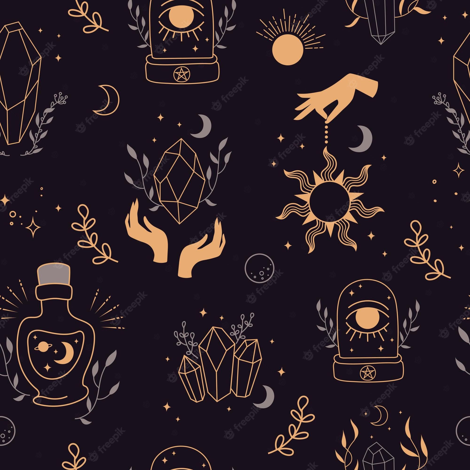 Esoterik, Kristalle, Hände, Sonne, Mond, Muster, Gold, Full HD, iPad-Hintergrundbild