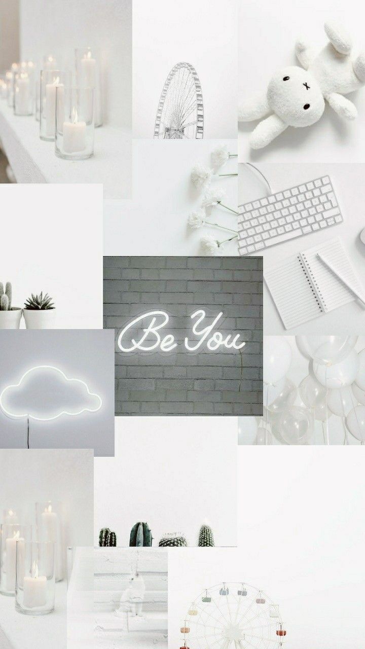 Collage, Weiße Ästhetik, Be You, Neonschrift, Minimalistisch, Hintergrundbild fürs Handy