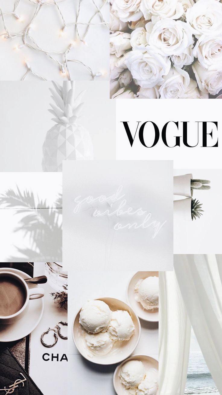 Collage, Vogue, Chanel, Weiße Blumen, Kaffee, Hochformat, Hintergrundbild fürs Smartphone