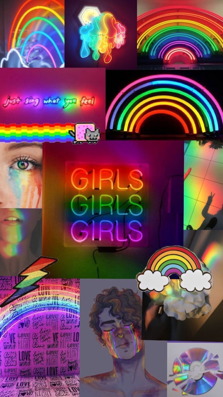 Collage, Neon-Regenbogen, Neonschrift, Ästhetik, Bunt, HD, Hintergrundbild fürs Handy