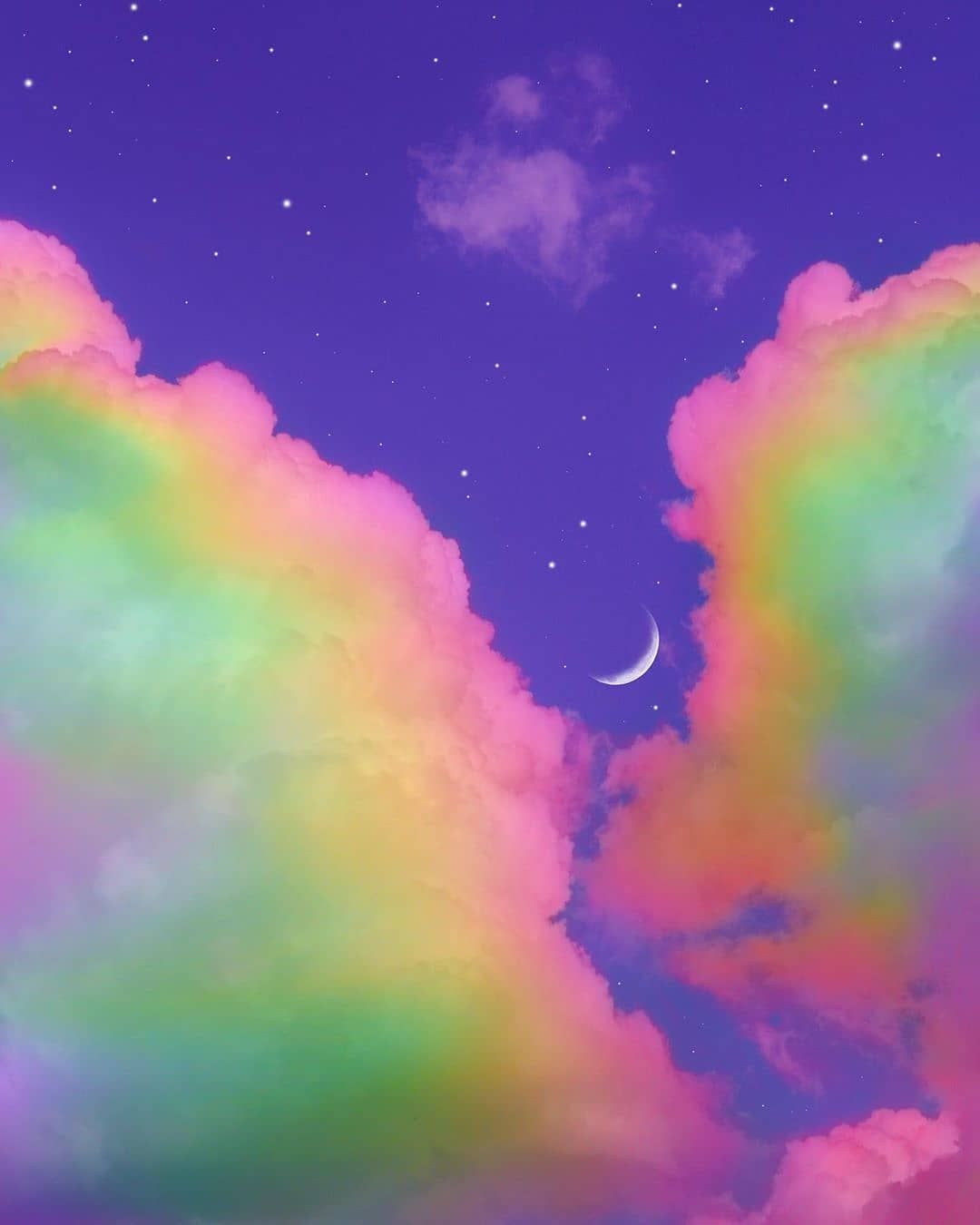 Bunte Wolken, Mondsichel, Lila Himmel, Fantasie, Regenbogenfarben, Hintergrundbild fürs Tablet