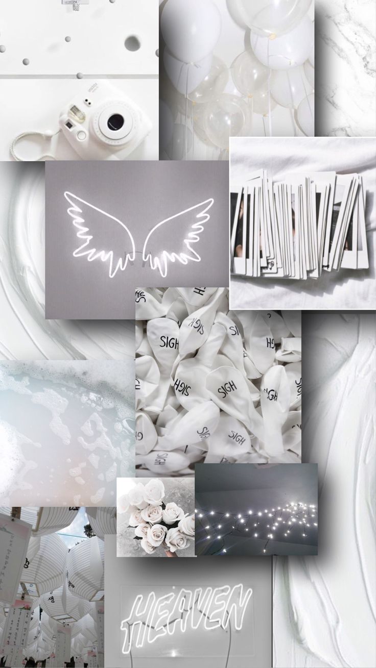 Collage, Engelsflügel, Weiße Ästhetik, Neonschrift, HD, Hintergrundbild fürs Handy