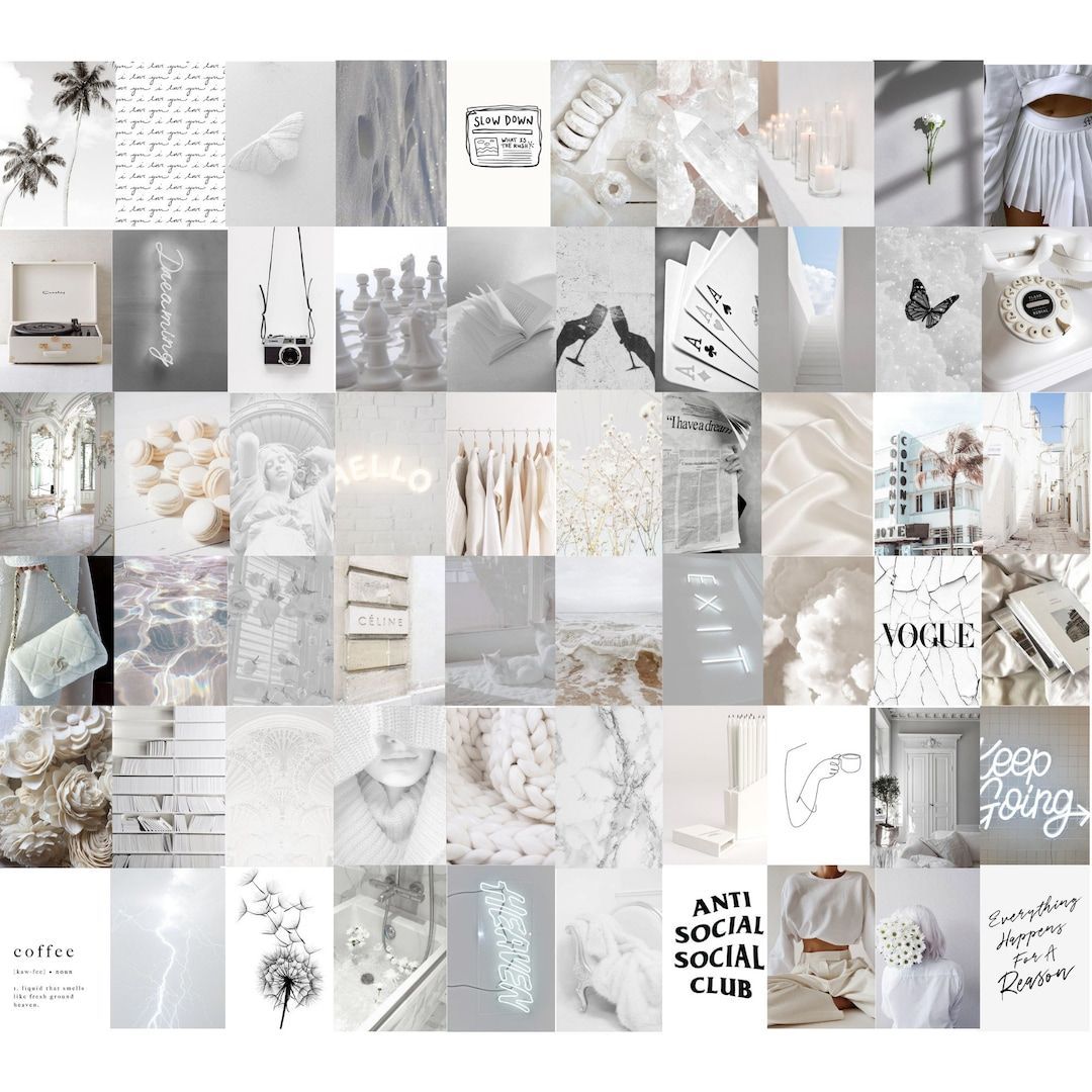 Collage, Moodboard, Weiße Ästhetik, Grautöne, Zitate, Hintergrundbild für iPad und Tablet