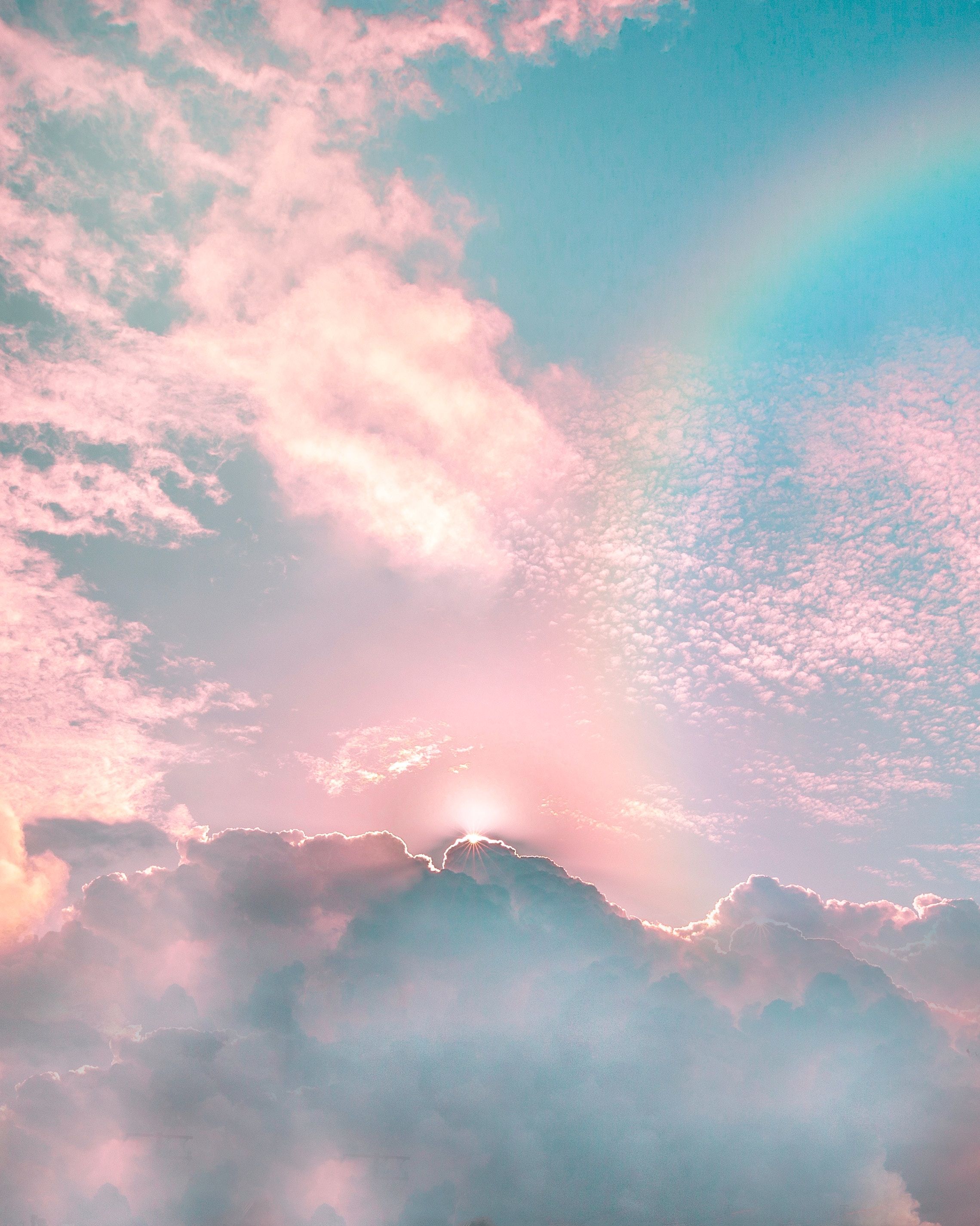Regenbogen, Rosa Wolken, Himmel, Pastell, Verträumt, QHD+, iPad-Hintergrundbild