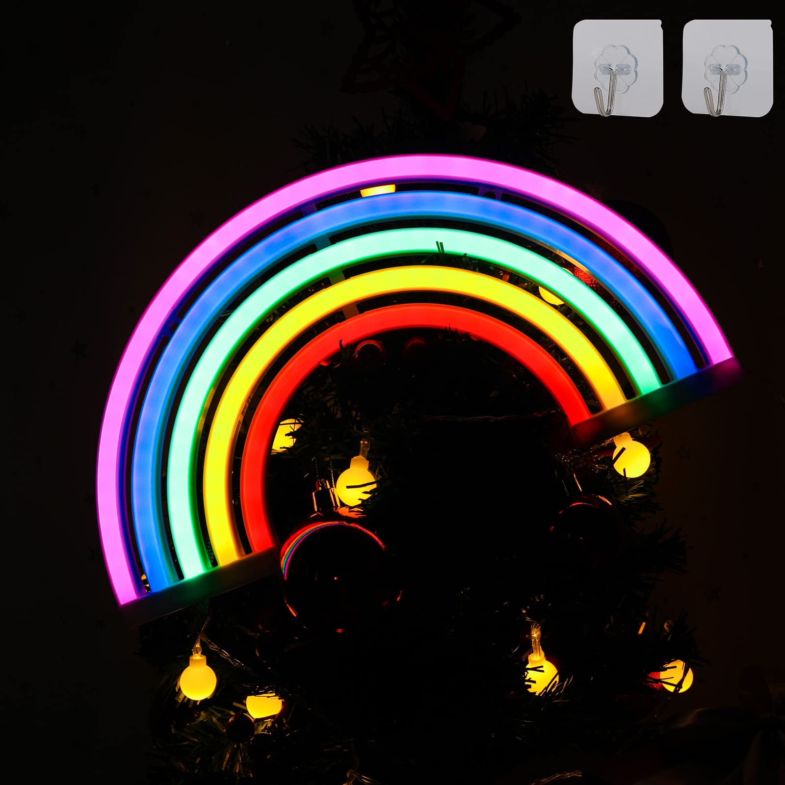 Neon-Regenbogen, Leuchtreklame, Lichterkette, Schwarz, HD, Hintergrundbild fürs Tablet