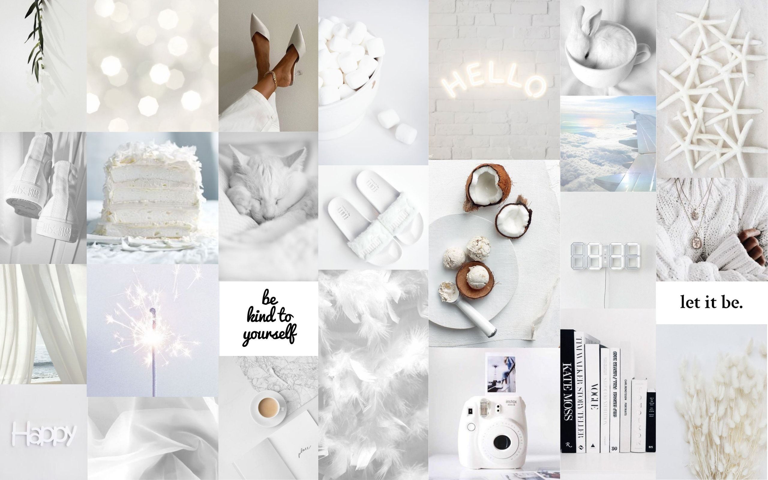 Collage, Weiße Ästhetik, Hello, Kamera, Bücher, 2K, Hintergrundbild für den PC