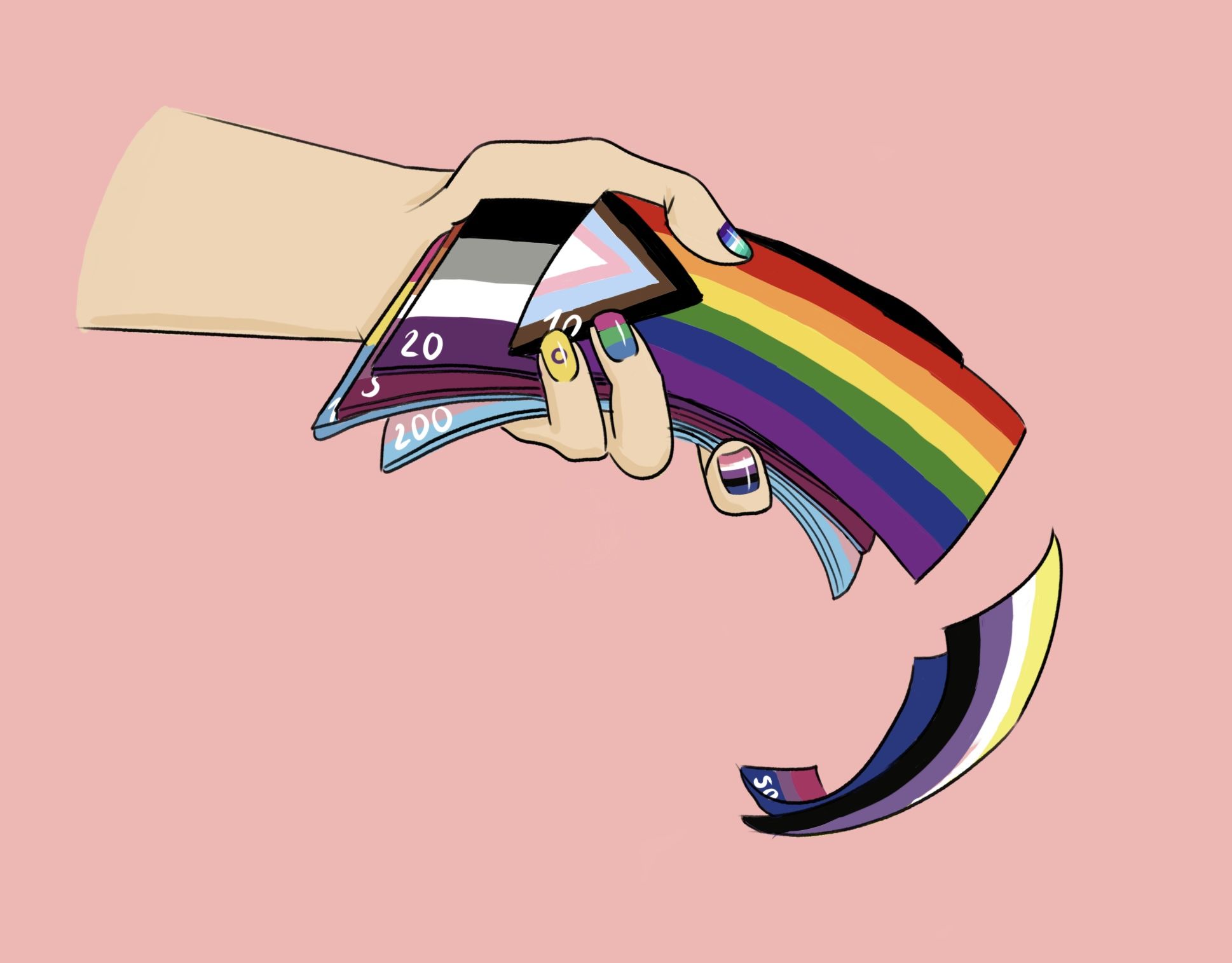Pride-Flagge, Hand, Illustration, LGBTQ, Rosa Hintergrund, Full HD Wallpaper