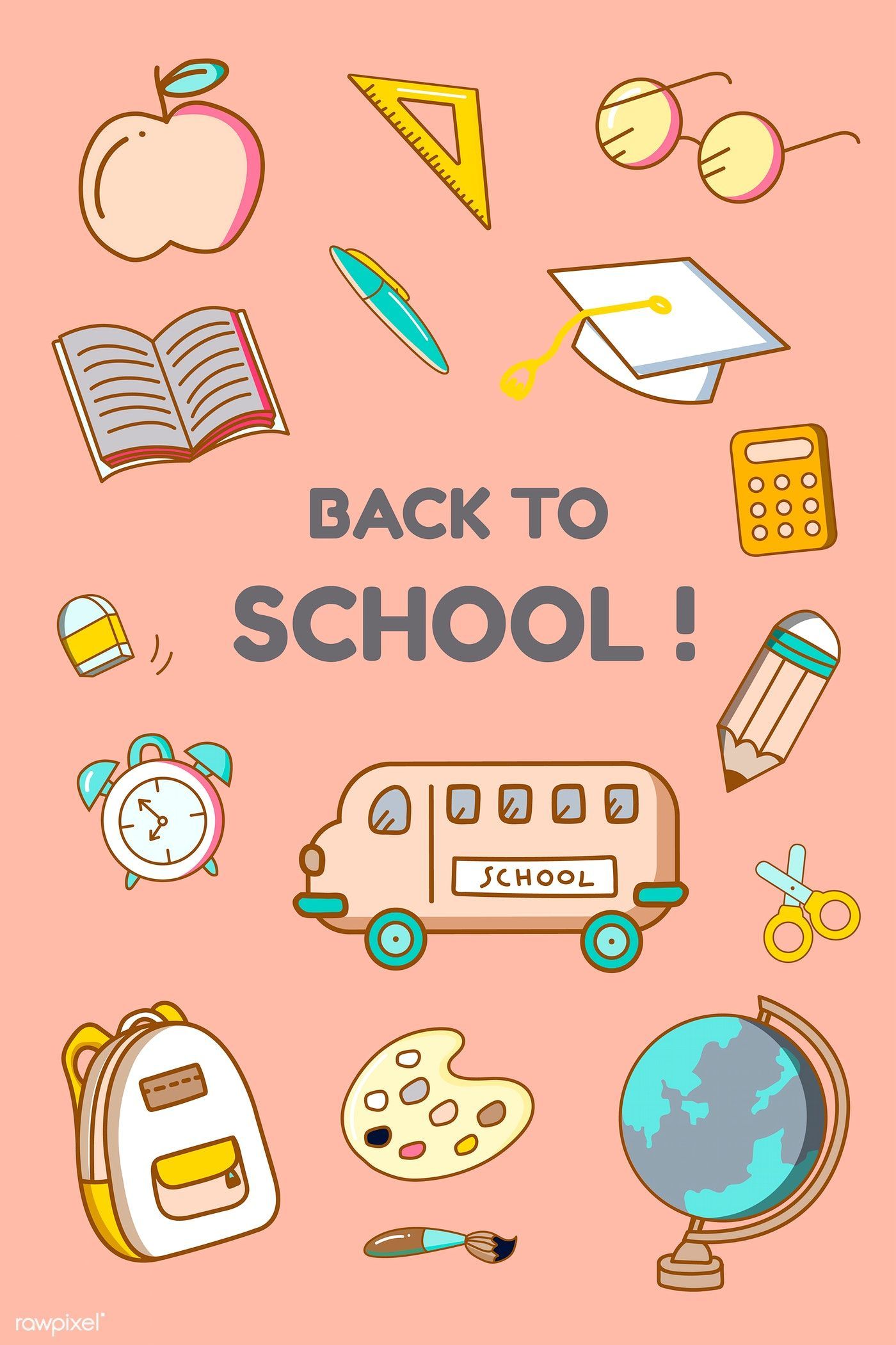 Back to School, Schulsachen, Schulbus, Doodles, Pfirsich, Full HD, iPhone-Hintergrundbild