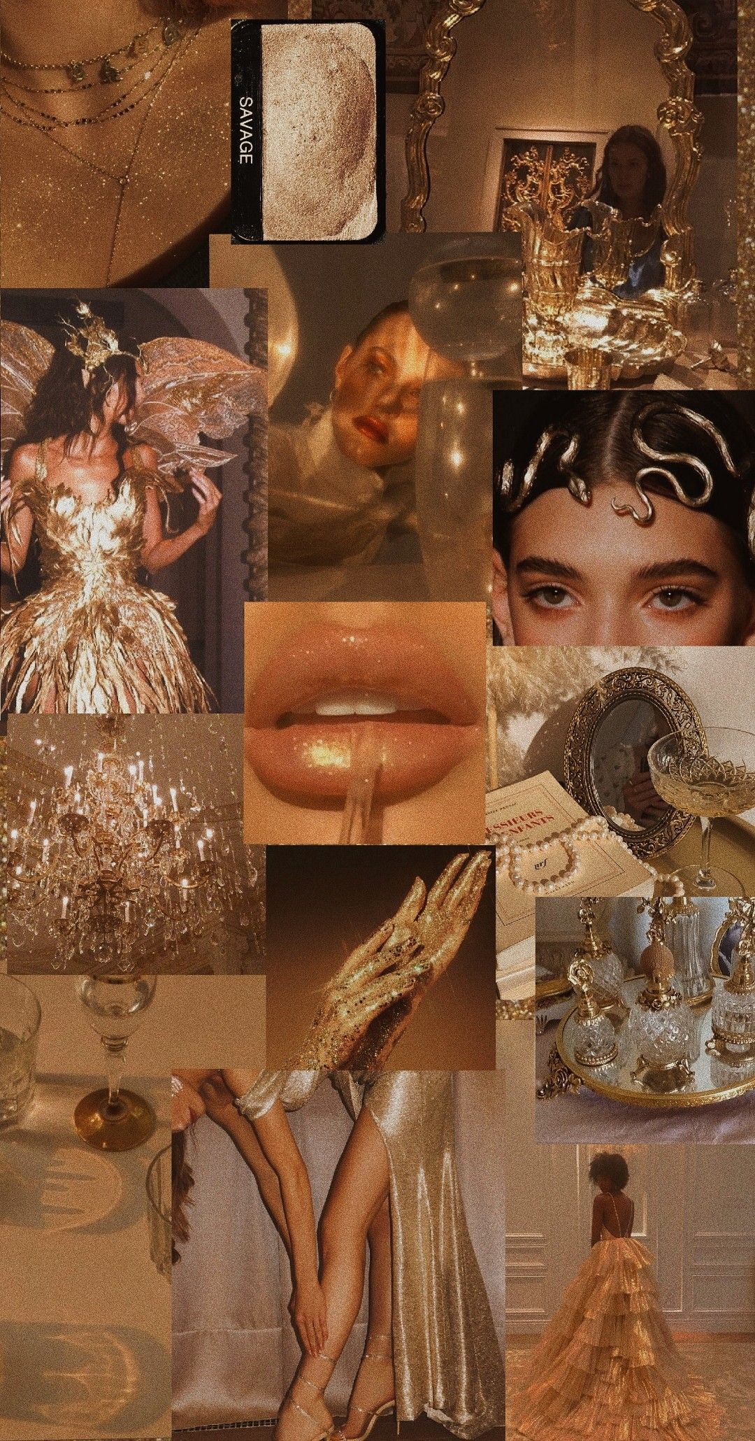 Collage, Gold-Ästhetik, Lippen, Braun, Mode, Hochformat, Hintergrundbild fürs Smartphone