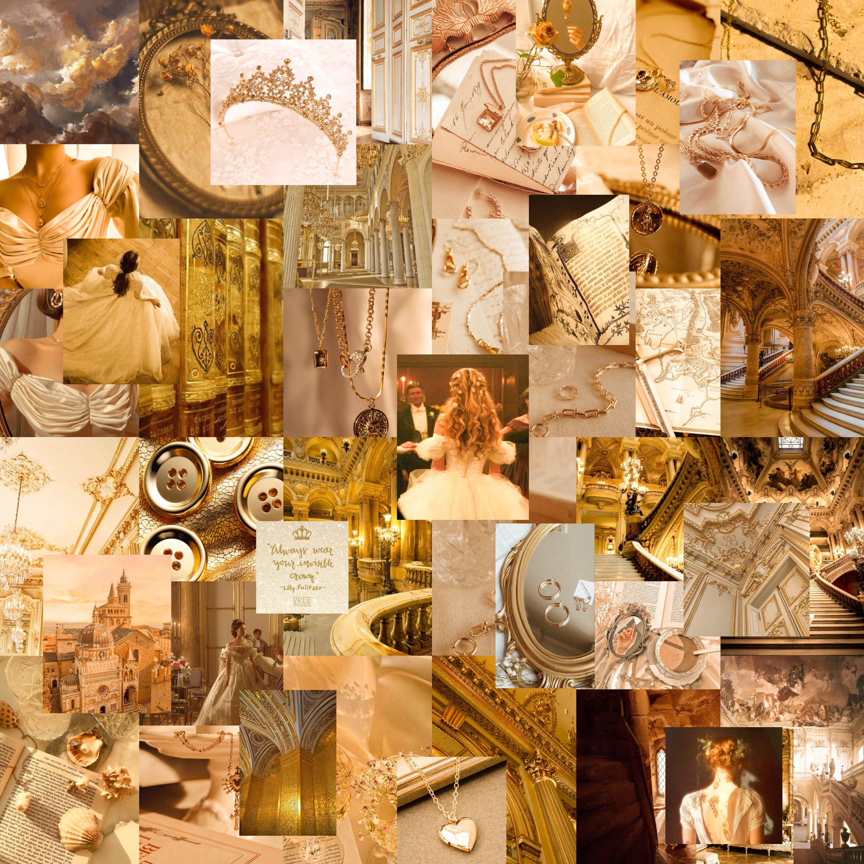 Collage, Gold-Ästhetik, Beige, Krone, Prinzessin, 2K, Hintergrundbild fürs Tablet