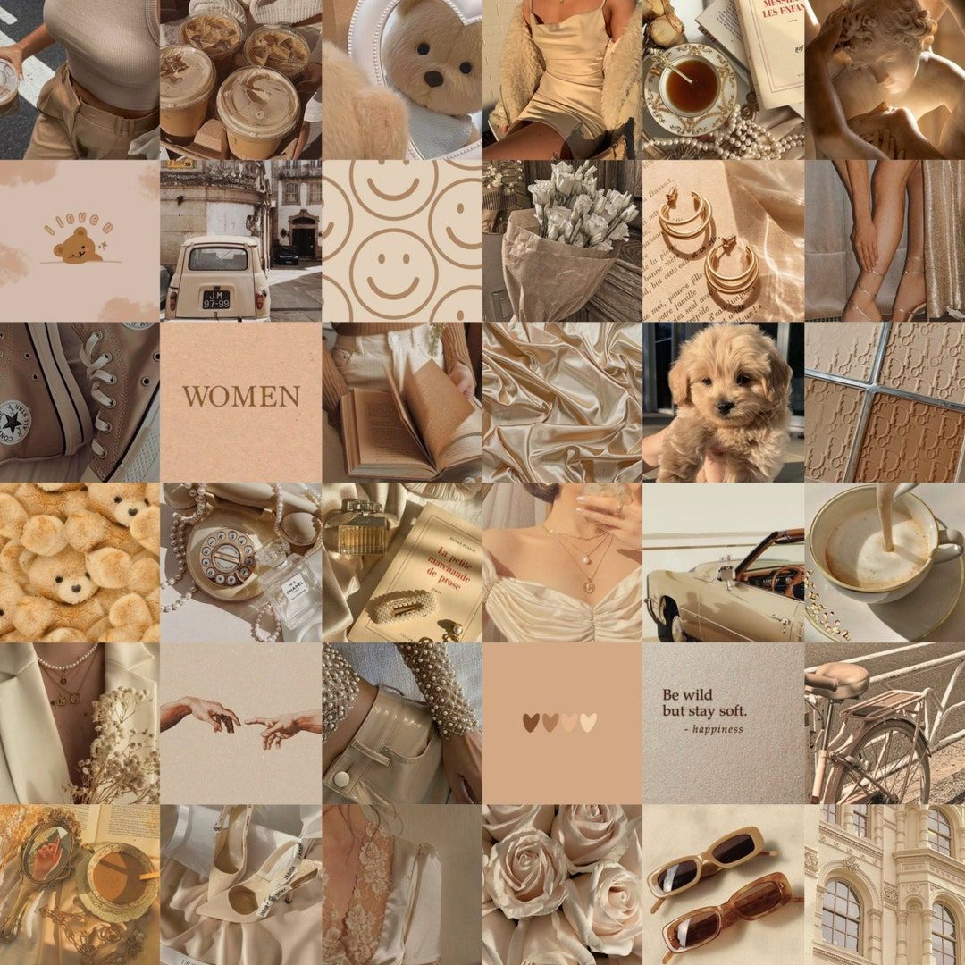 Collage, Beige, Ästhetik, Teddybär, Neutrale Töne, Hintergrundbild für iPad und Tablet