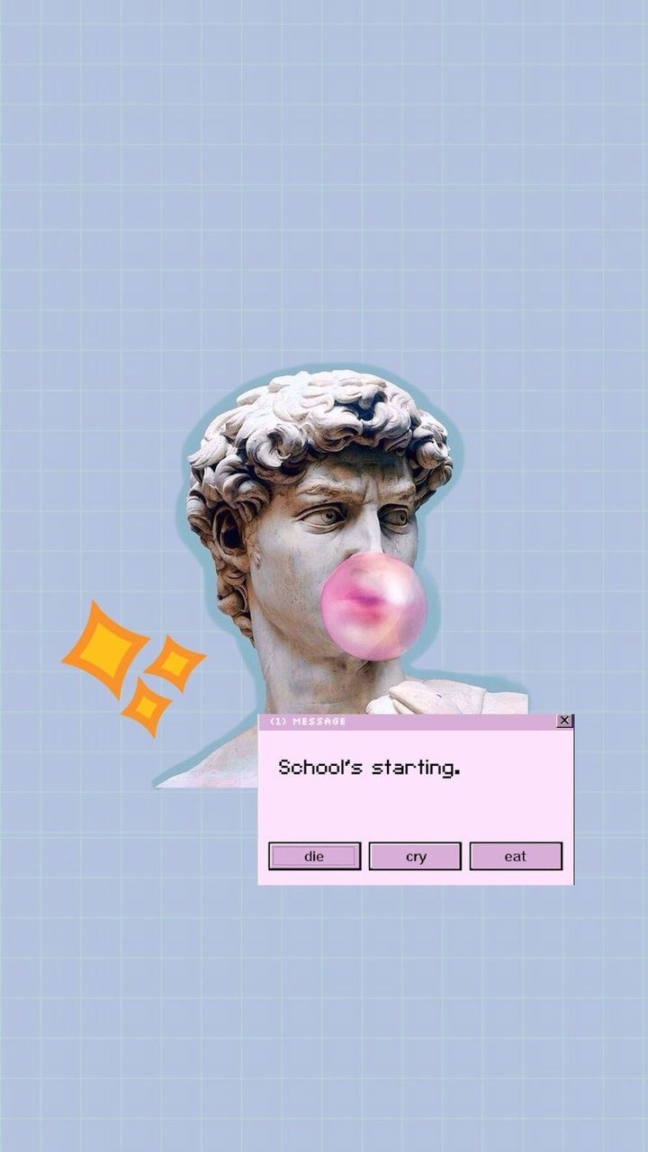 David-Statue, Kaugummiblase, Vaporwave, Fenster, Schulstart, HD, Handy-Hintergrundbild