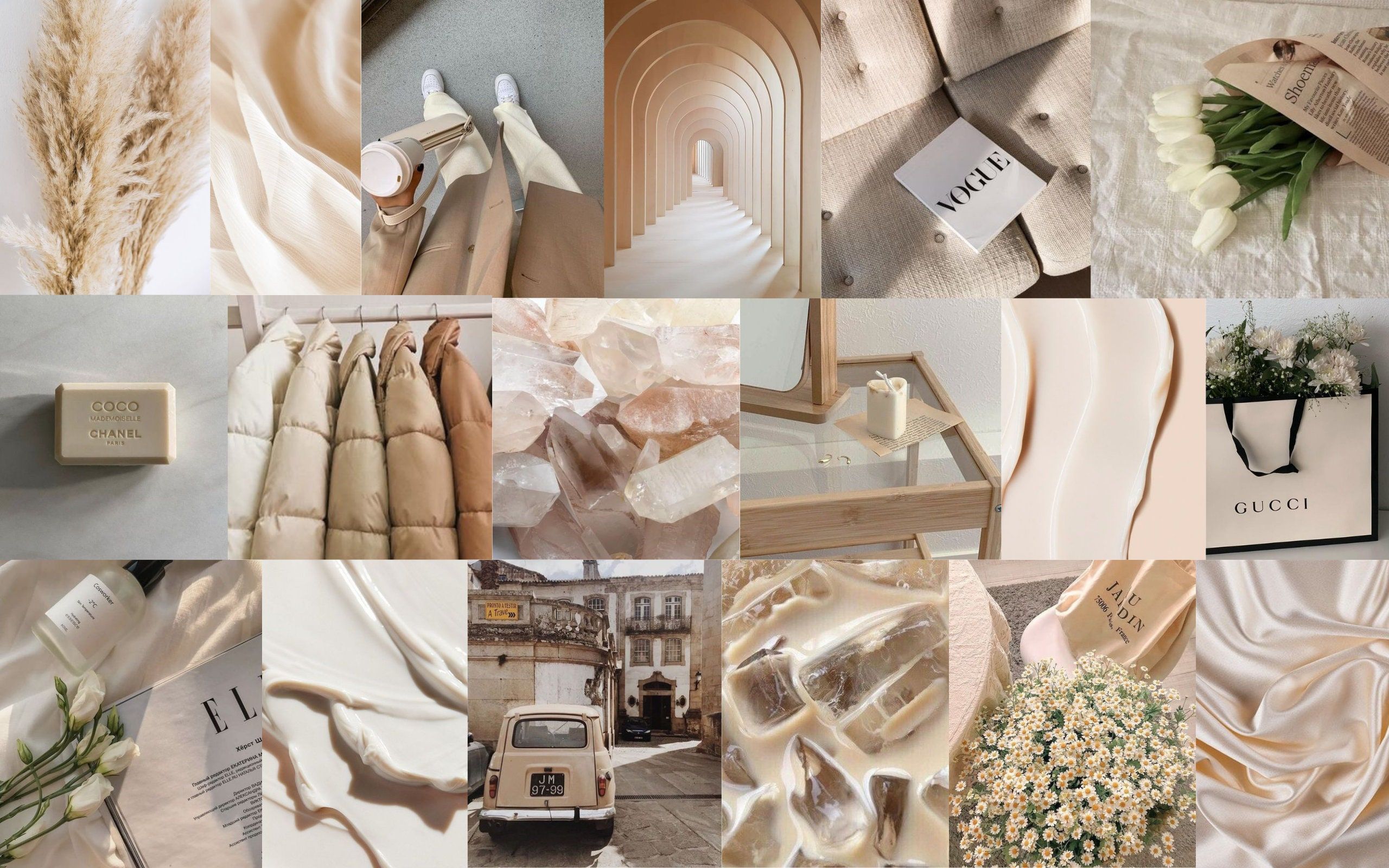 Collage, Gucci, Vogue, Satin, Cremefarben, 16:10, 2K-Hintergrundbild für den Desktop