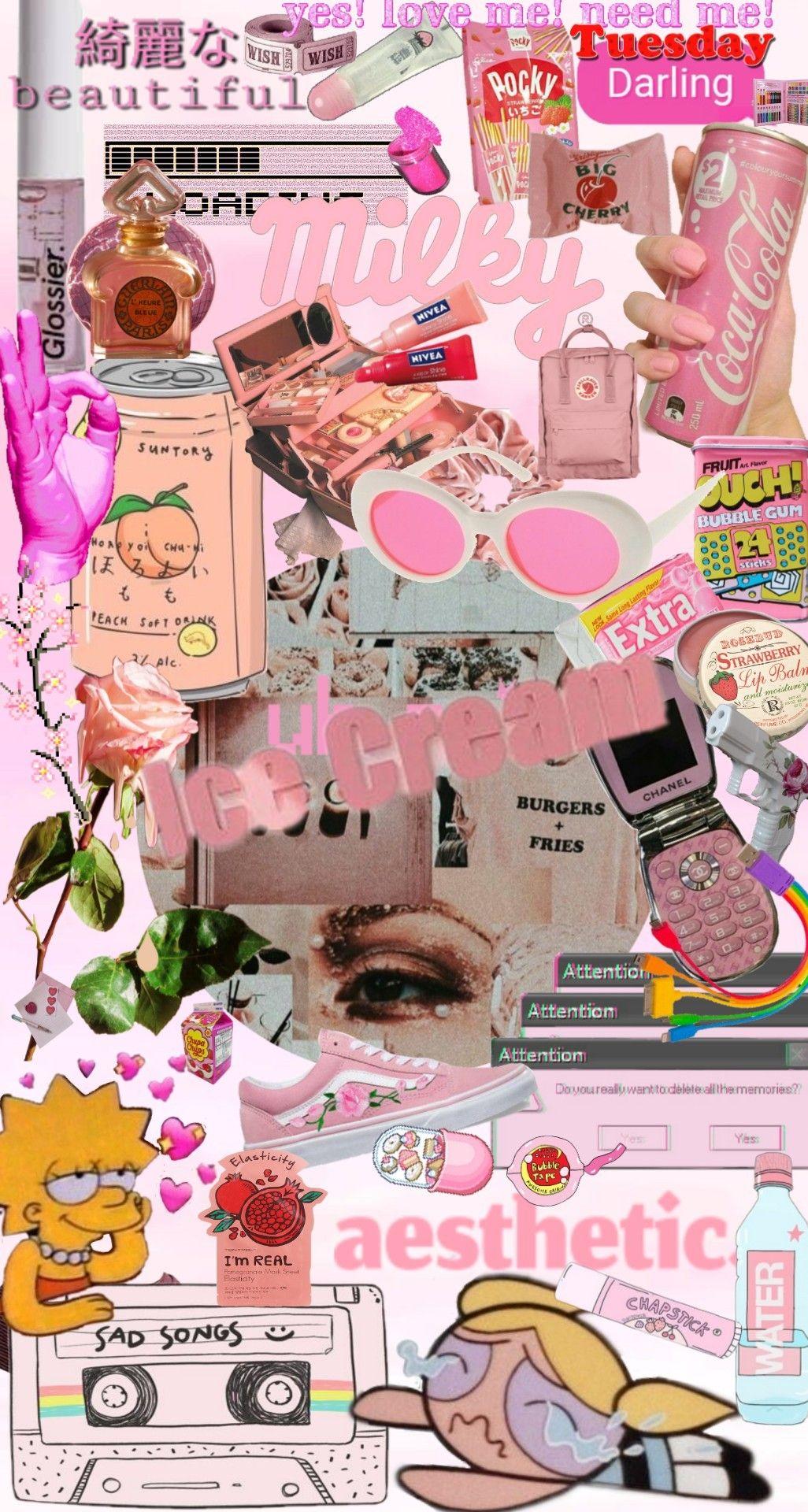 Rosa Aesthetic, Collage, Sticker, Retro, Anime, HD, Handy-Hintergrund im Hochformat