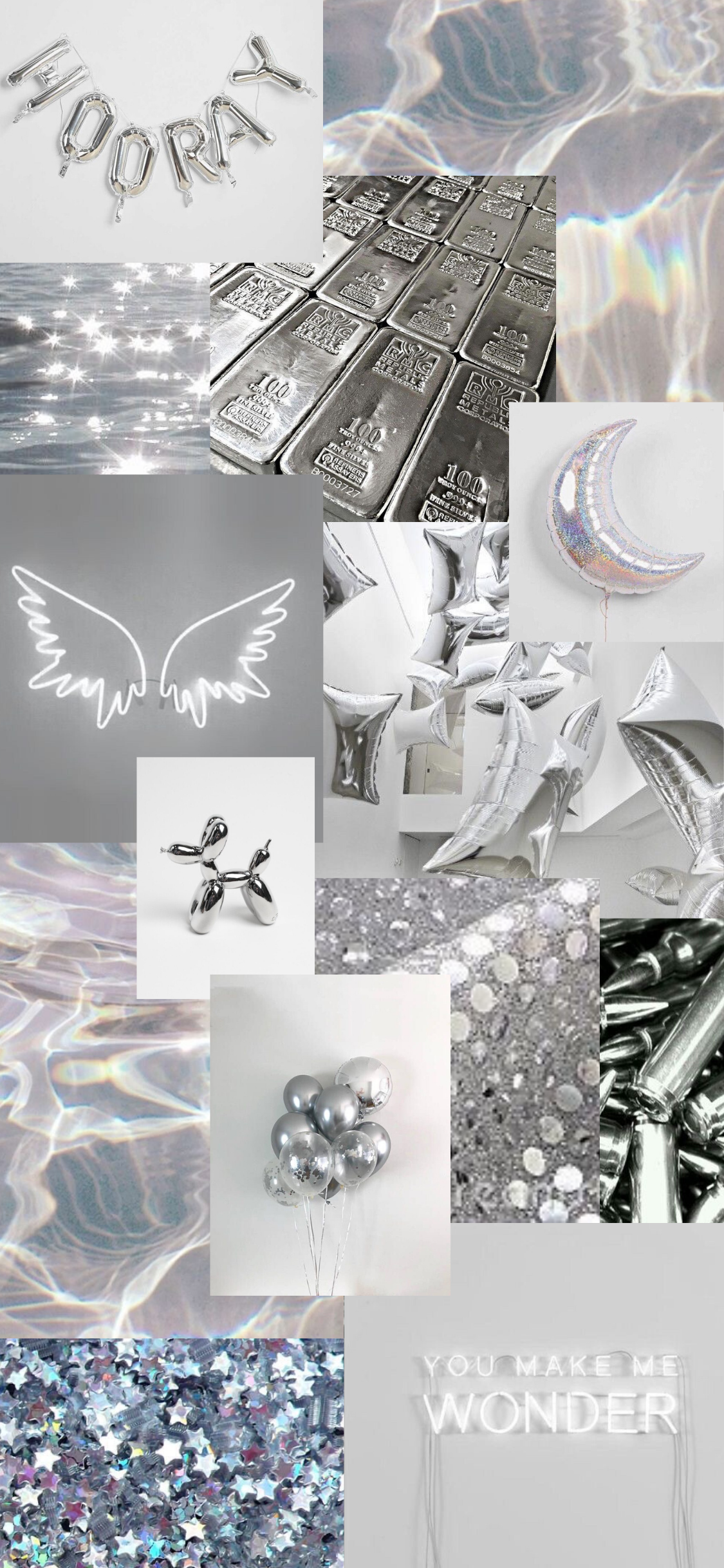 Collage, Silberne Ästhetik, Engelsflügel, Glitzer, Hintergrundbild für iPhone und Android