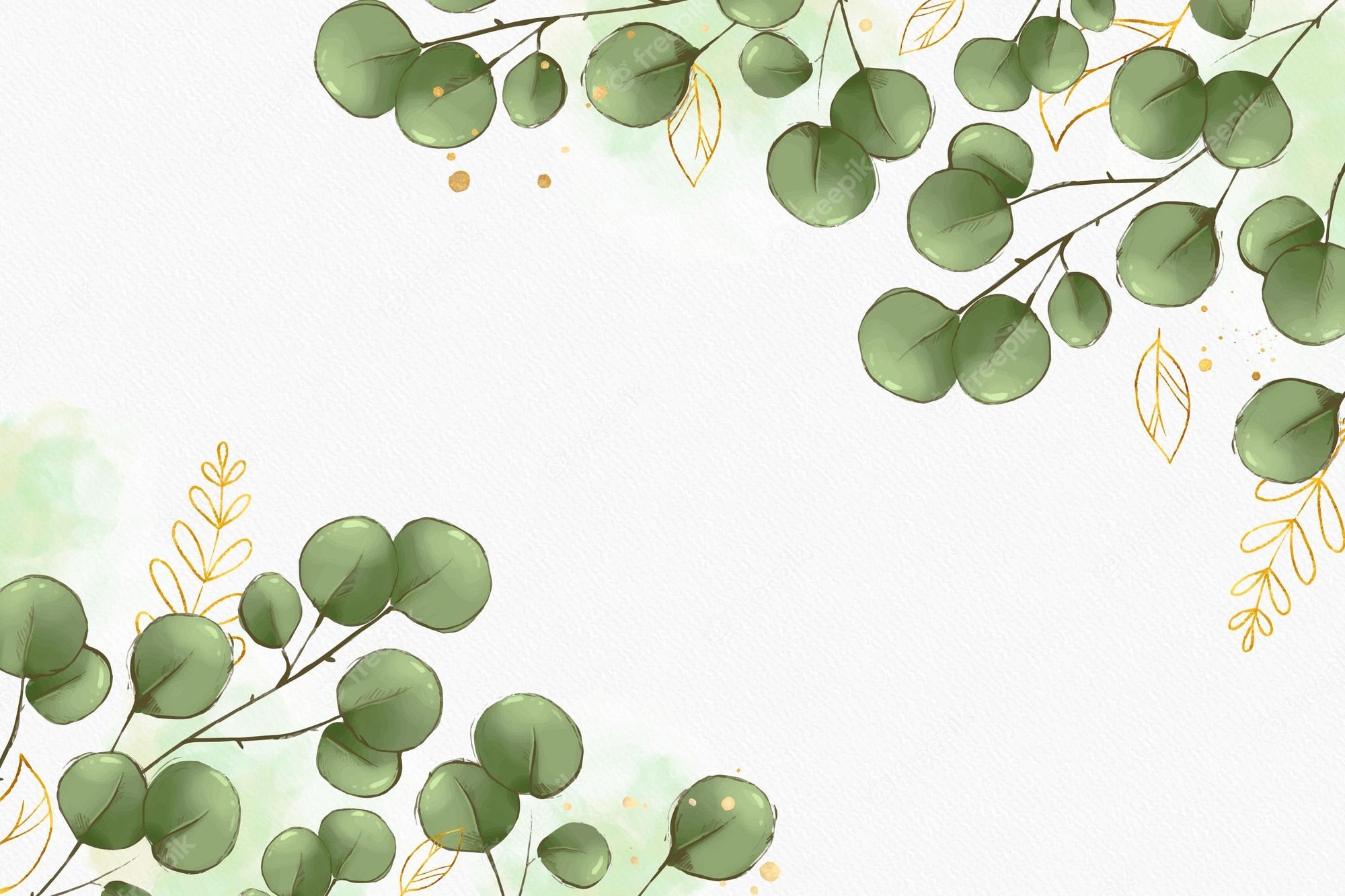 Eukalyptus, Aquarell, Goldakzente, Weiß Hintergrund, Blätter, Full HD Wallpaper