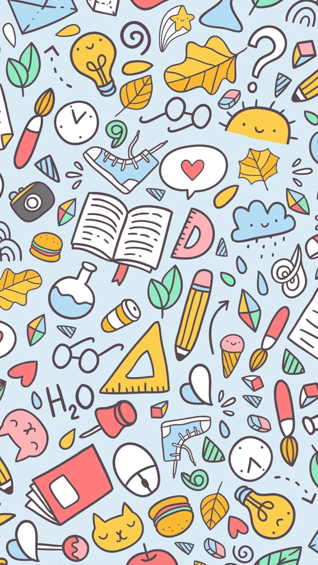 Schulsachen, Doodles, Muster, Glühbirne, Bücher, Pastell, 1080x1920, Handy-Hintergrund