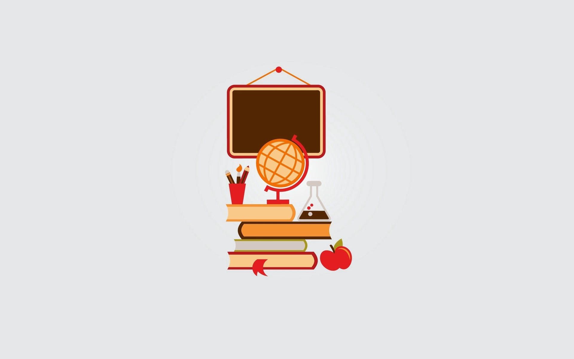 Tafel, Globus, Bücherstapel, Apfel, Illustration, Grauer Hintergrund, Full HD Wallpaper