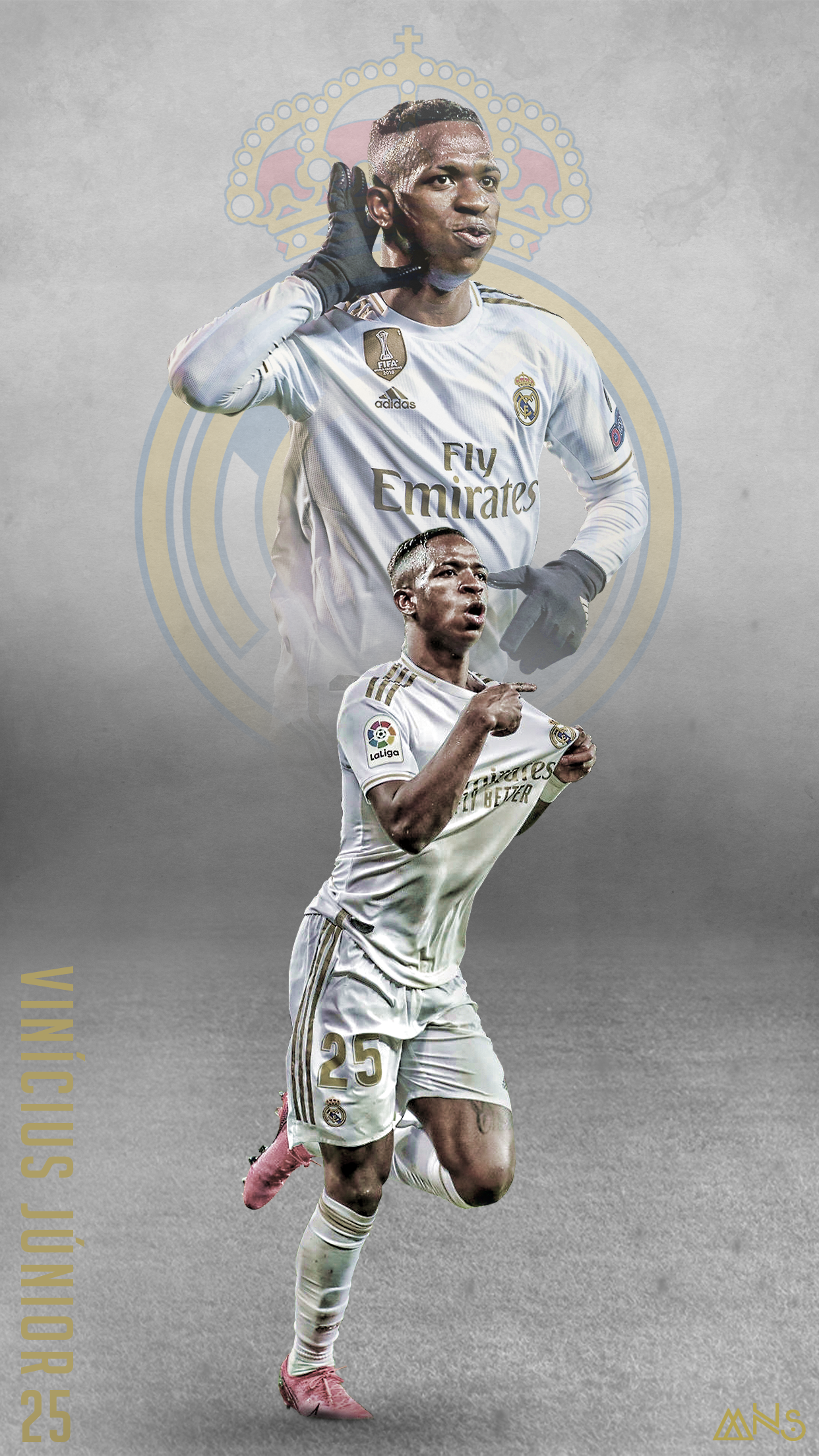 Vinícius Júnior, Real Madrid, Collage, Grauer Hintergrund, Heimtrikot, Sperrbildschirm fürs iPhone