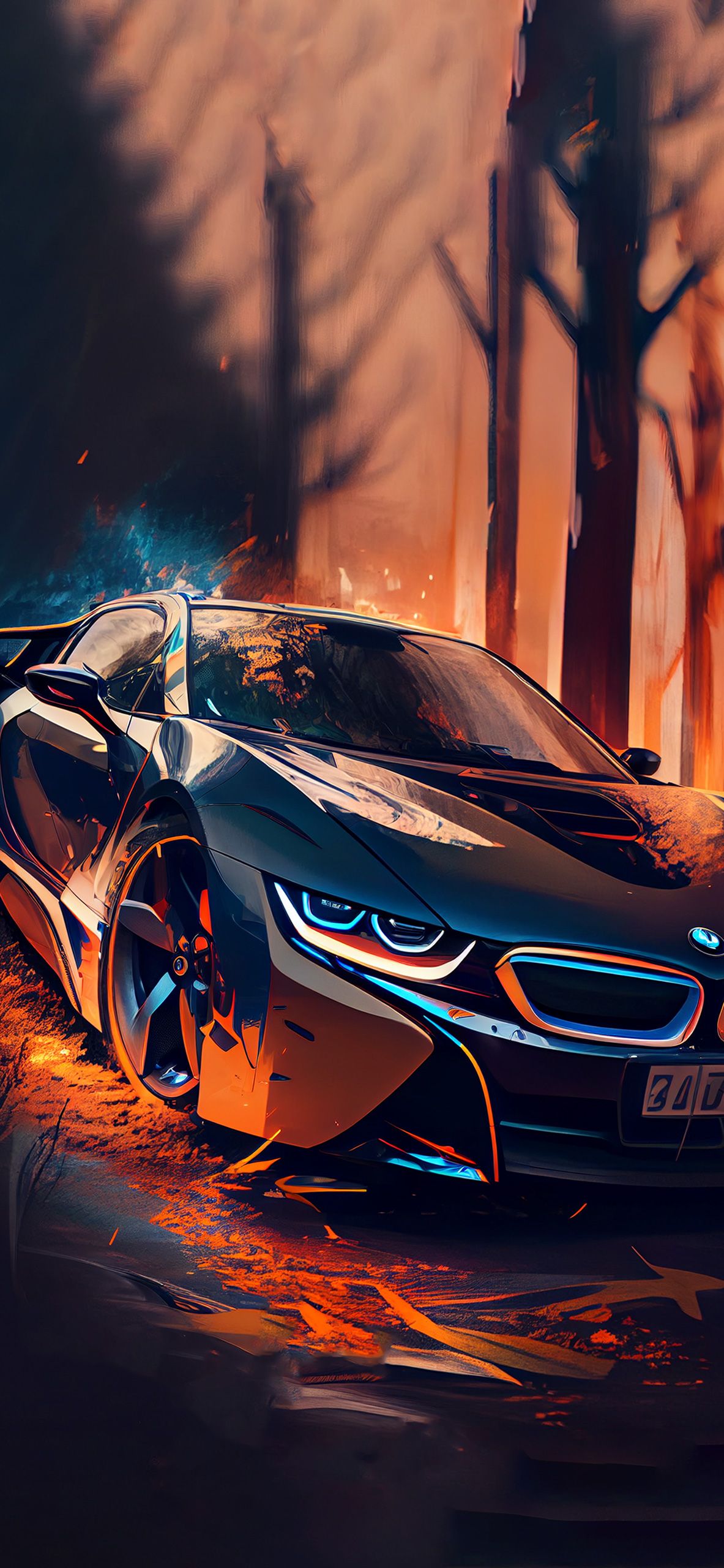 BMW i8, Feuer, Digitale Kunst, Wald, Orange Glut, Hintergrundbild für iPhone und Android