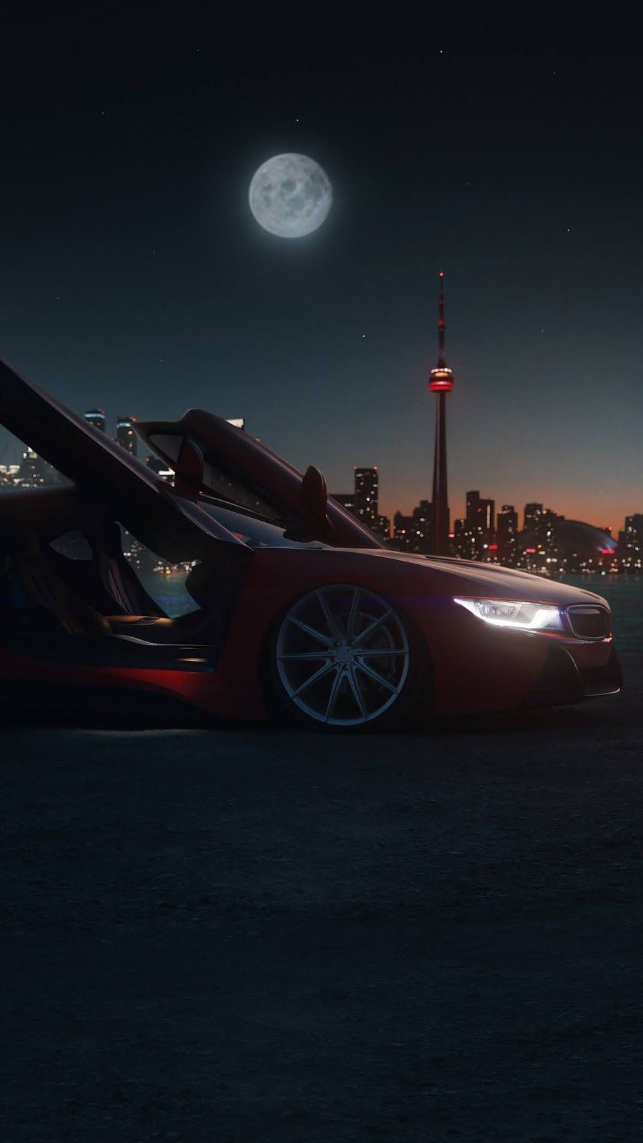 BMW i8, Nachthimmel, Mond, Skyline, Dunkle Stimmung, Hochformat, Hintergrundbild fürs Smartphone