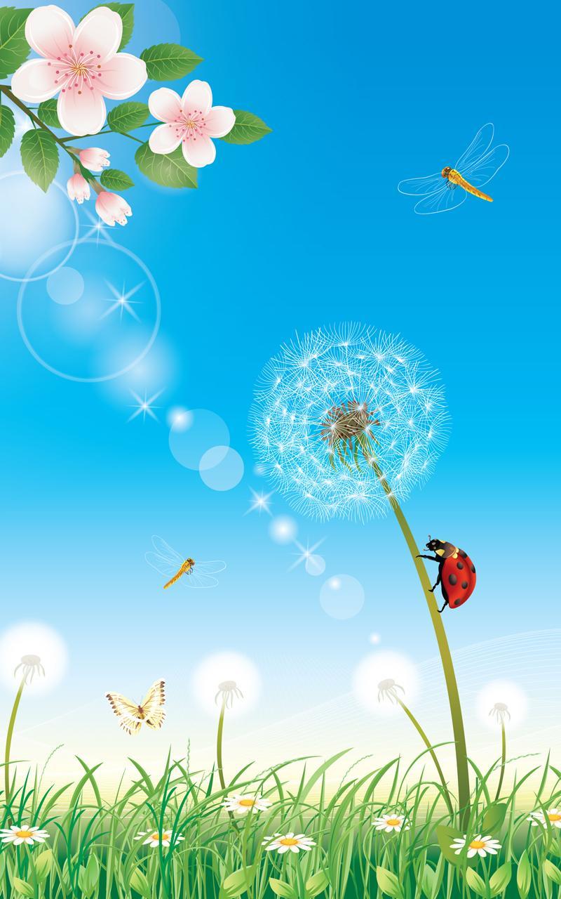 Pusteblume, Marienkäfer, Kirschblüten, Illustration, Hellblau, Hochformat, Sperrbildschirm fürs iPhone