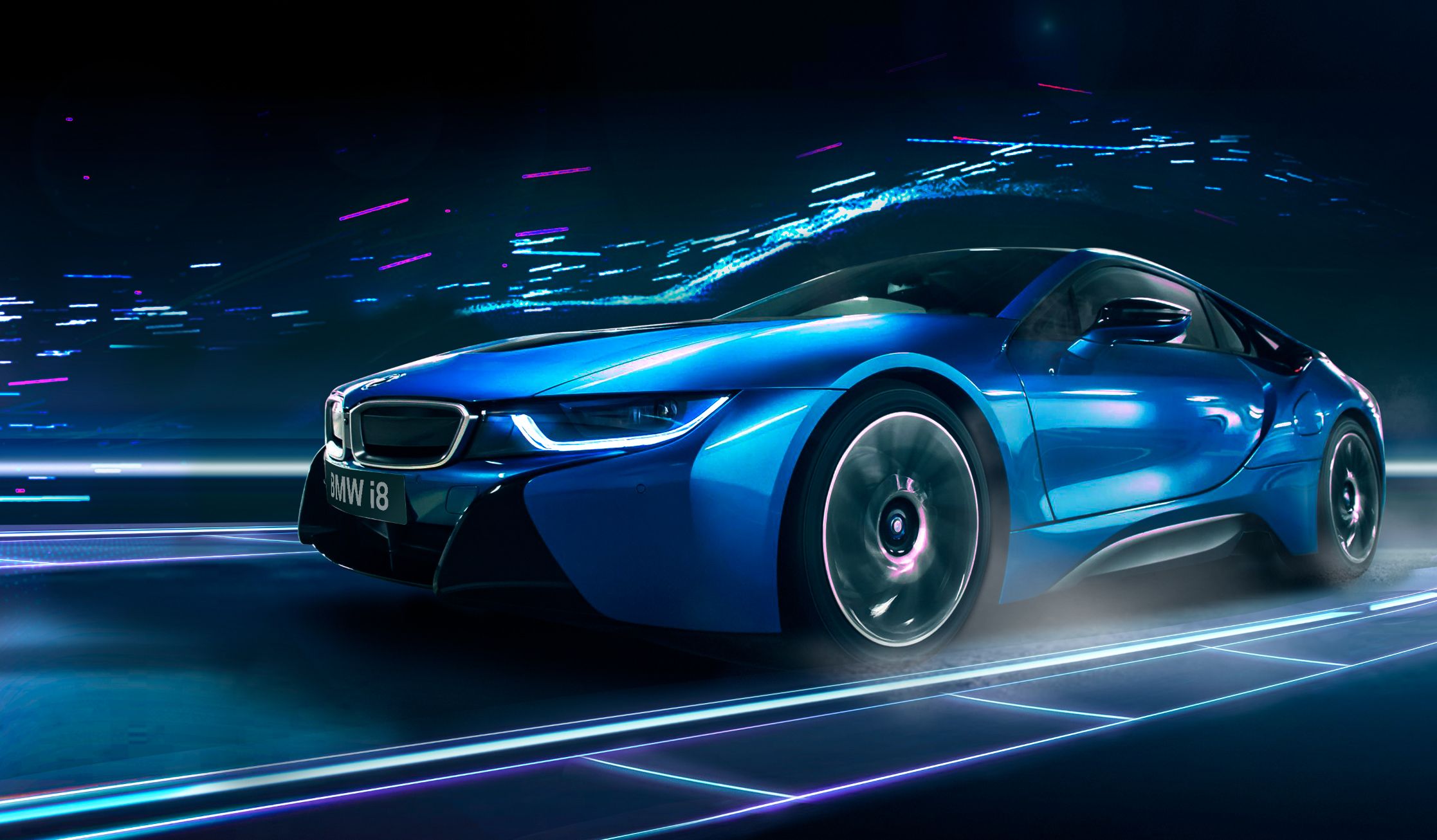 BMW i8, Blaues Auto, Lichtspuren, Digitale Kunst, Geschwindigkeit, Full HD, Laptop-Hintergrundbild