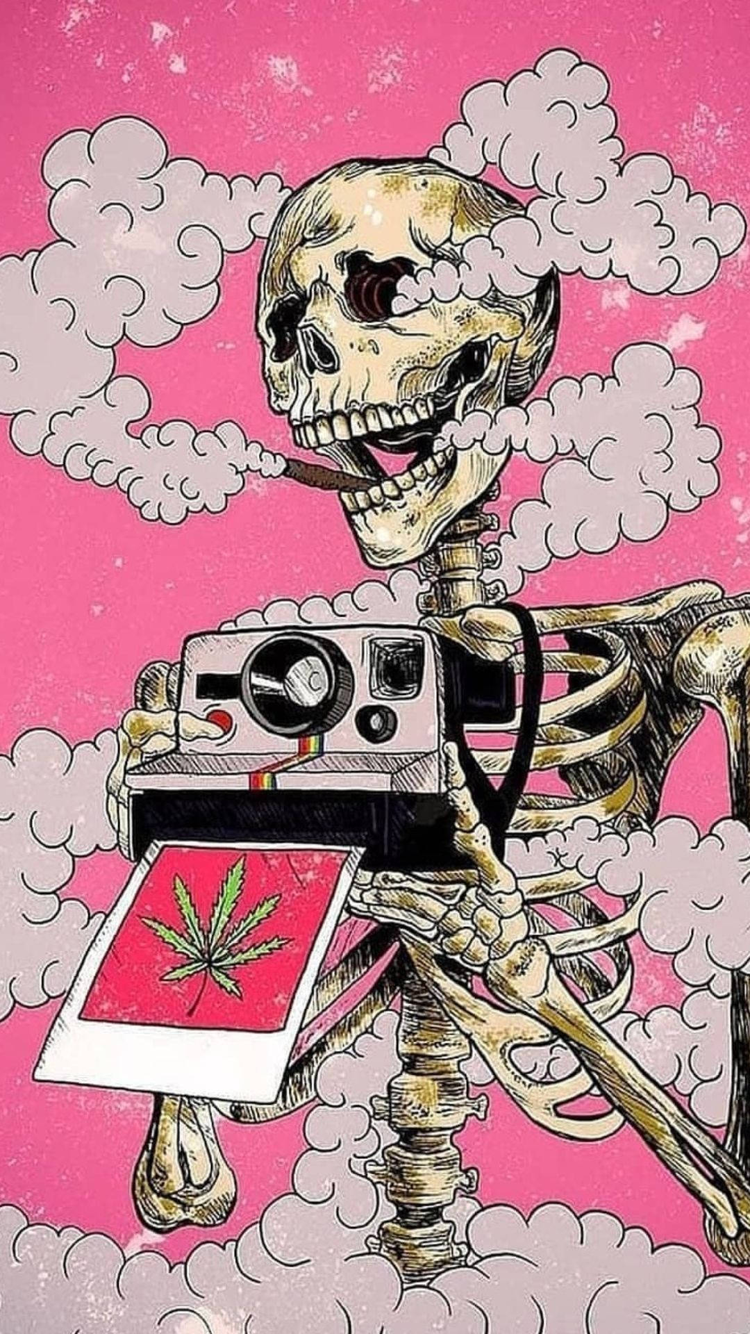 Skelett, Sofortbildkamera, Rauchwolken, Rosa Hintergrund, Illustration, Sperrbildschirm fürs iPhone