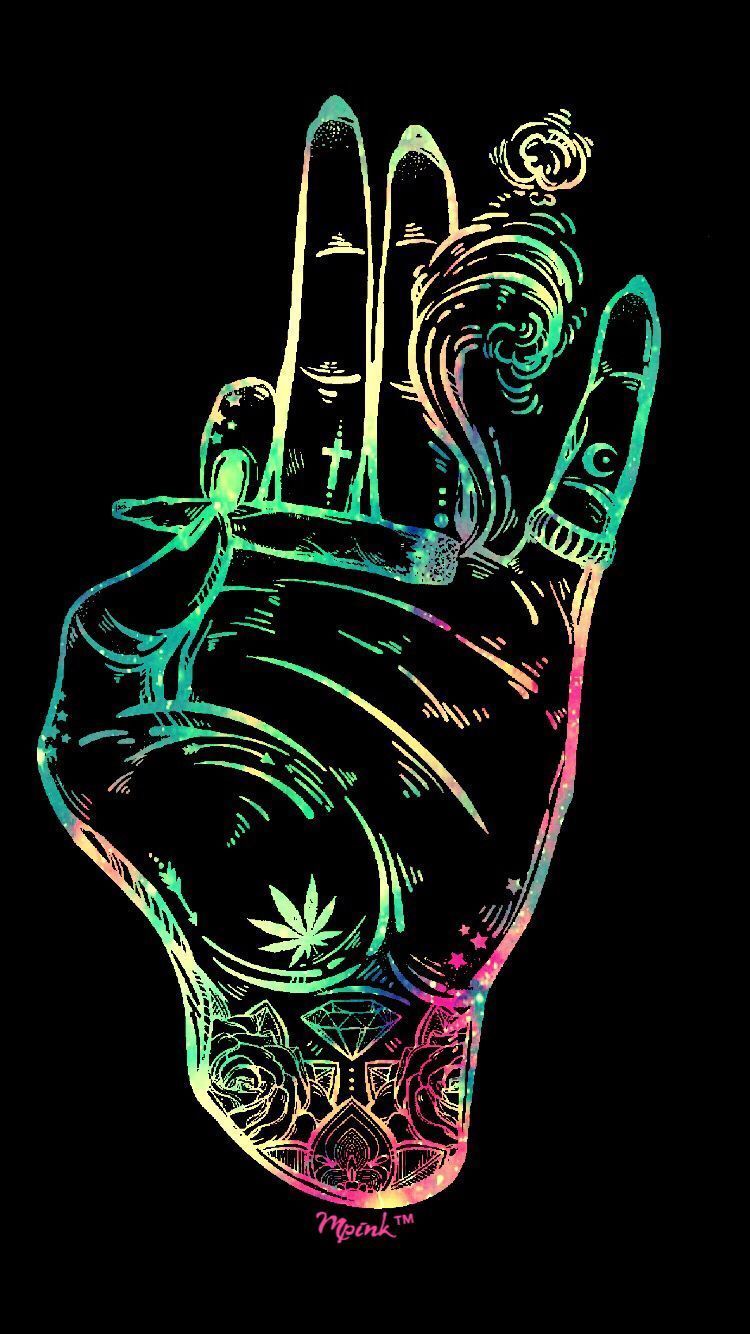 Hand, Hanfblatt, Neonlinien, Schwarzer Hintergrund, Line-Art, Sperrbildschirm fürs iPhone
