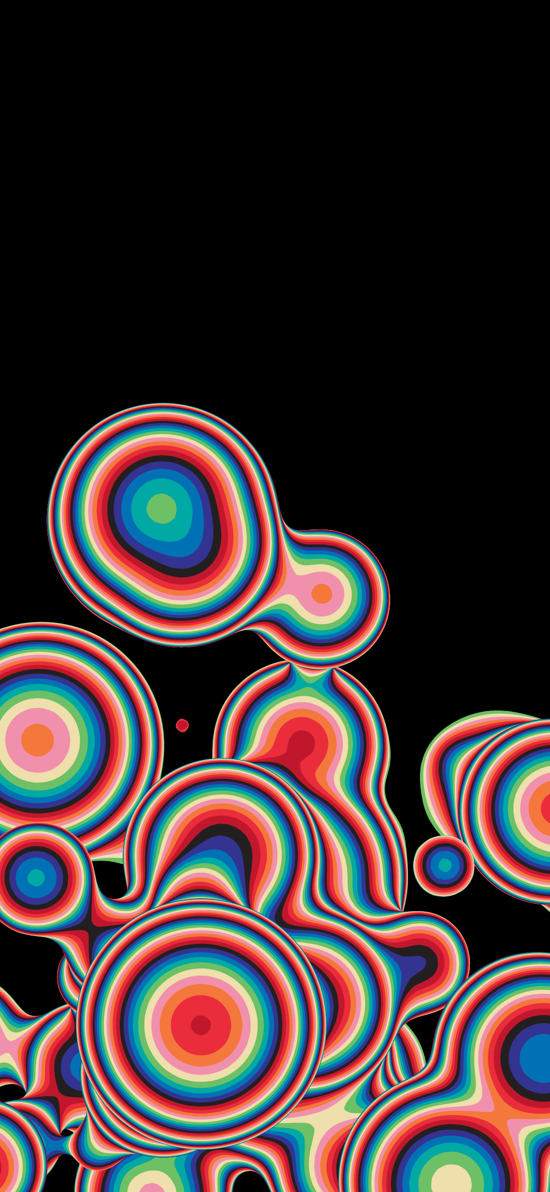 Psychedelisch, Ringe, Bunt, Schwarzer Hintergrund, Abstrakt, iPhone-16e-Wallpaper