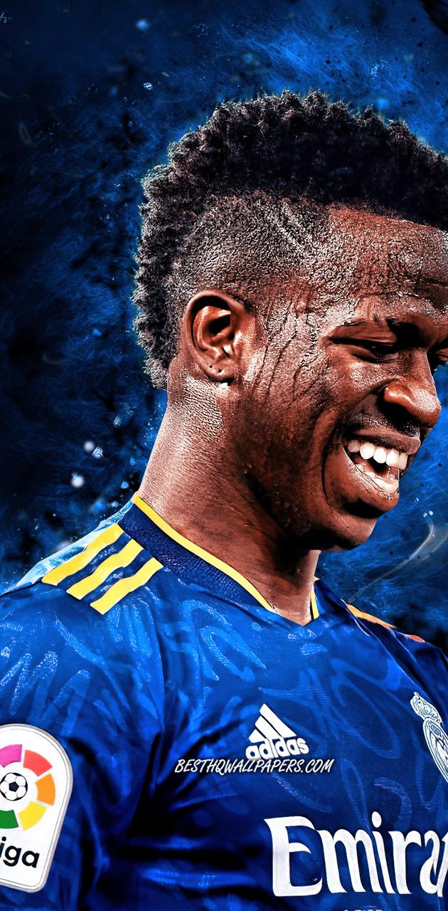 Vinícius Júnior, Real Madrid, Lächeln, Digitale Kunst, Blau, Hintergrundbild fürs Handy