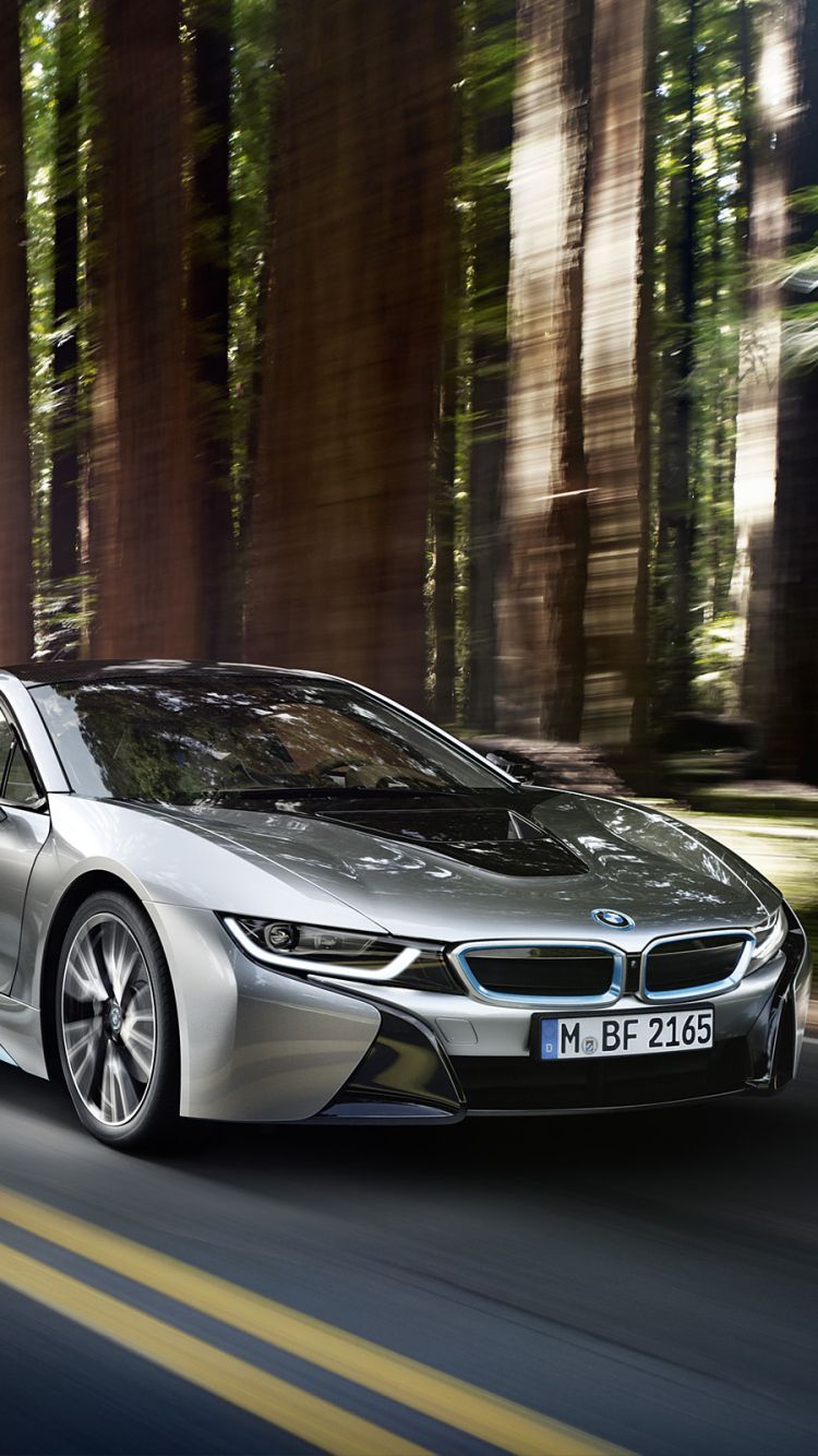 BMW i8, Mammutbäume, Wald, Straße, Silbernes Auto, HD, Hintergrundbild fürs Handy