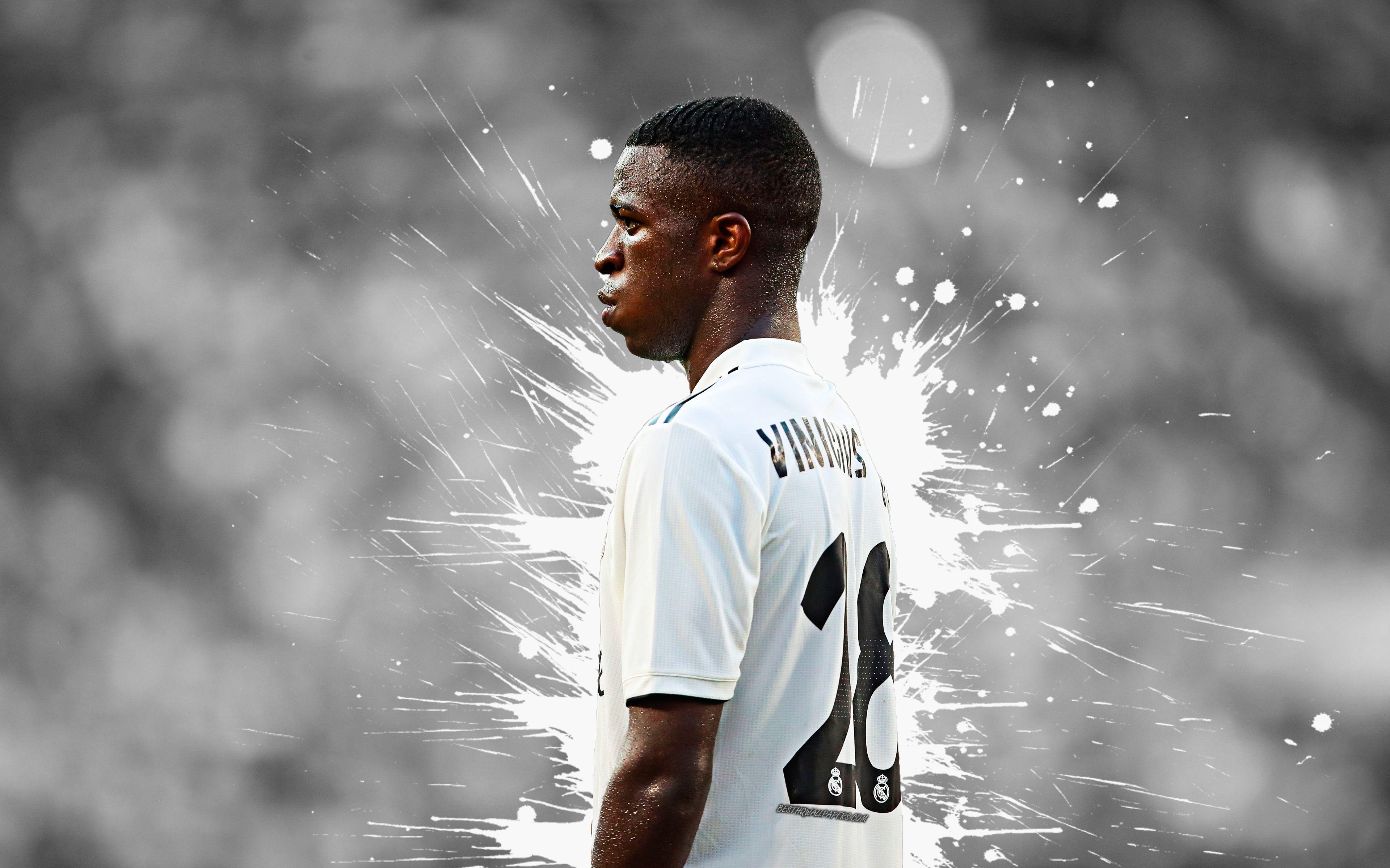 Vinícius Júnior, Real Madrid, Rückennummer 28, Schwarz-Weiß, Farbspritzer, 4K, PC-Hintergrundbild