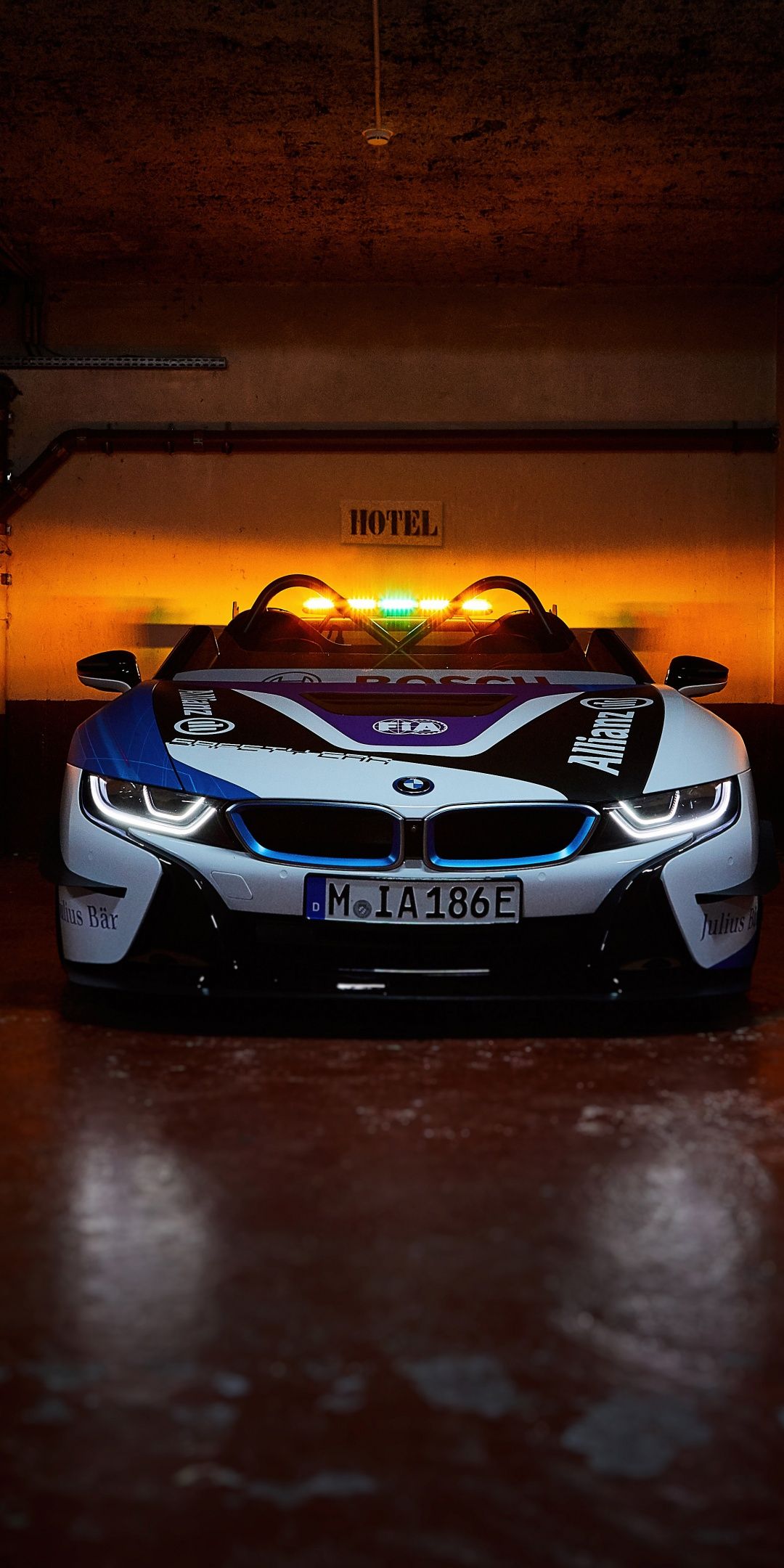 BMW i8 Safety Car, Formel E, Garage, Gegenlicht, Frontansicht, Android-Hintergrundbild