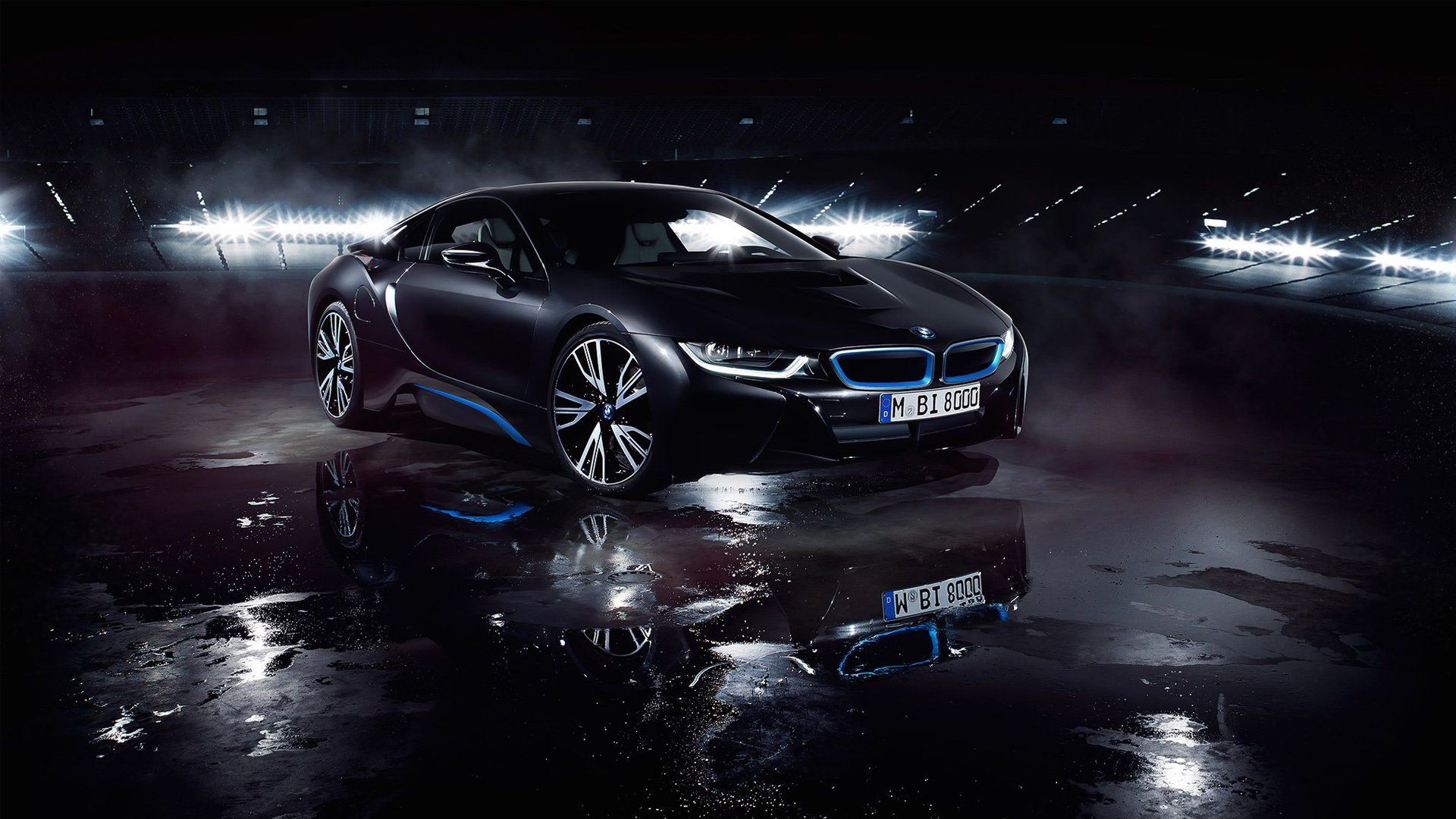 BMW i8, Nacht, Spiegelung, Nasser Asphalt, Scheinwerfer, 1920x1080, Desktop-Hintergrund