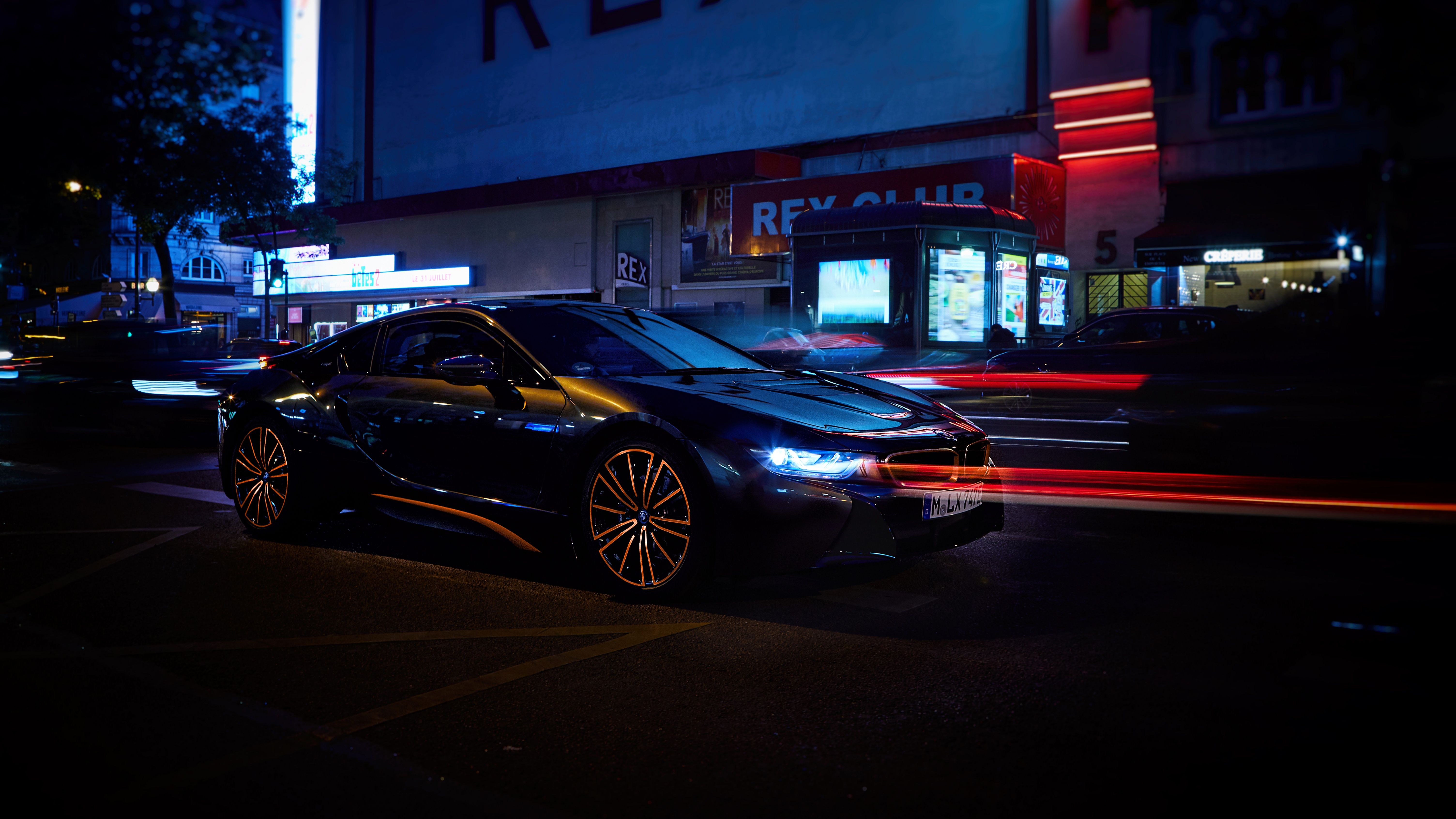 BMW i8, Nacht, Stadt, Lichtspuren, Neon, 6K, Hintergrundbild für den PC