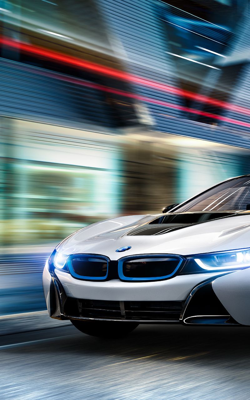 BMW i8, Bewegungsunschärfe, Geschwindigkeit, Frontansicht, Lichtspuren, HD, iPhone-Hintergrundbild