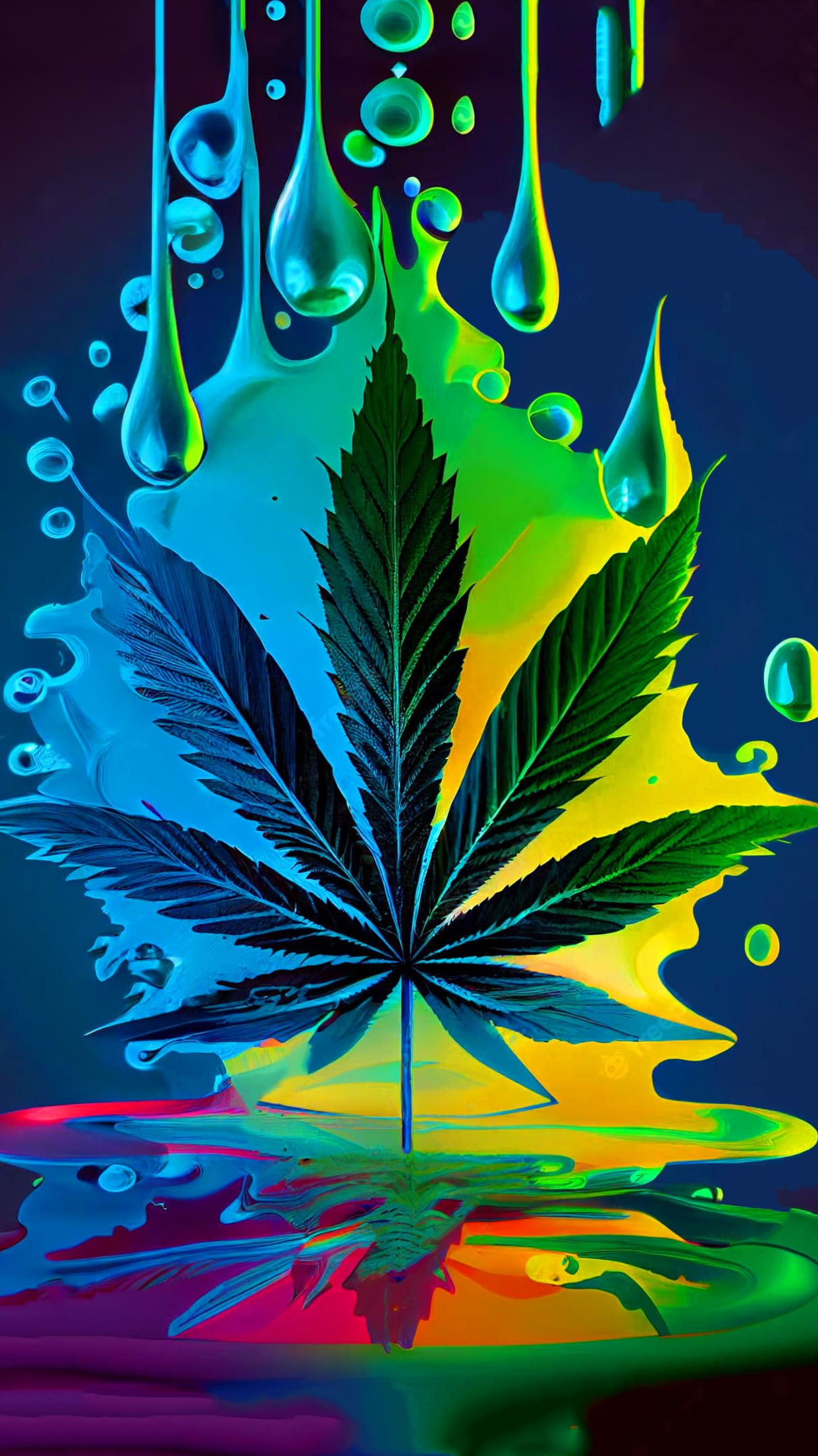 Hanfblatt, Tropfende Farbe, Regenbogenfarben, Neon, Digitale Kunst, Full HD, Handy-Hintergrundbild