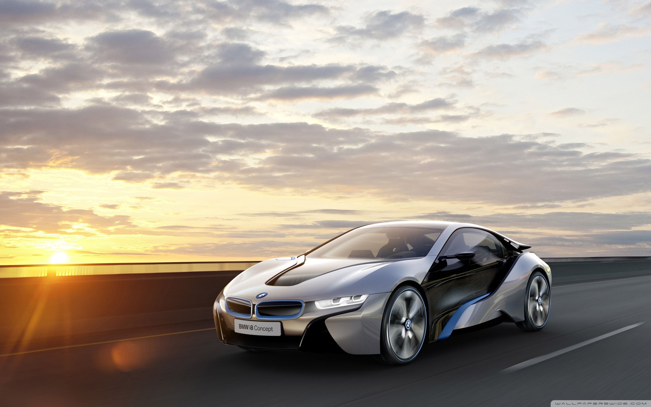 BMW i8 Concept, BMW Vision EfficientDynamics, Konzeptfahrzeug, Sonnenuntergang, Straße, 2K-Hintergrund
