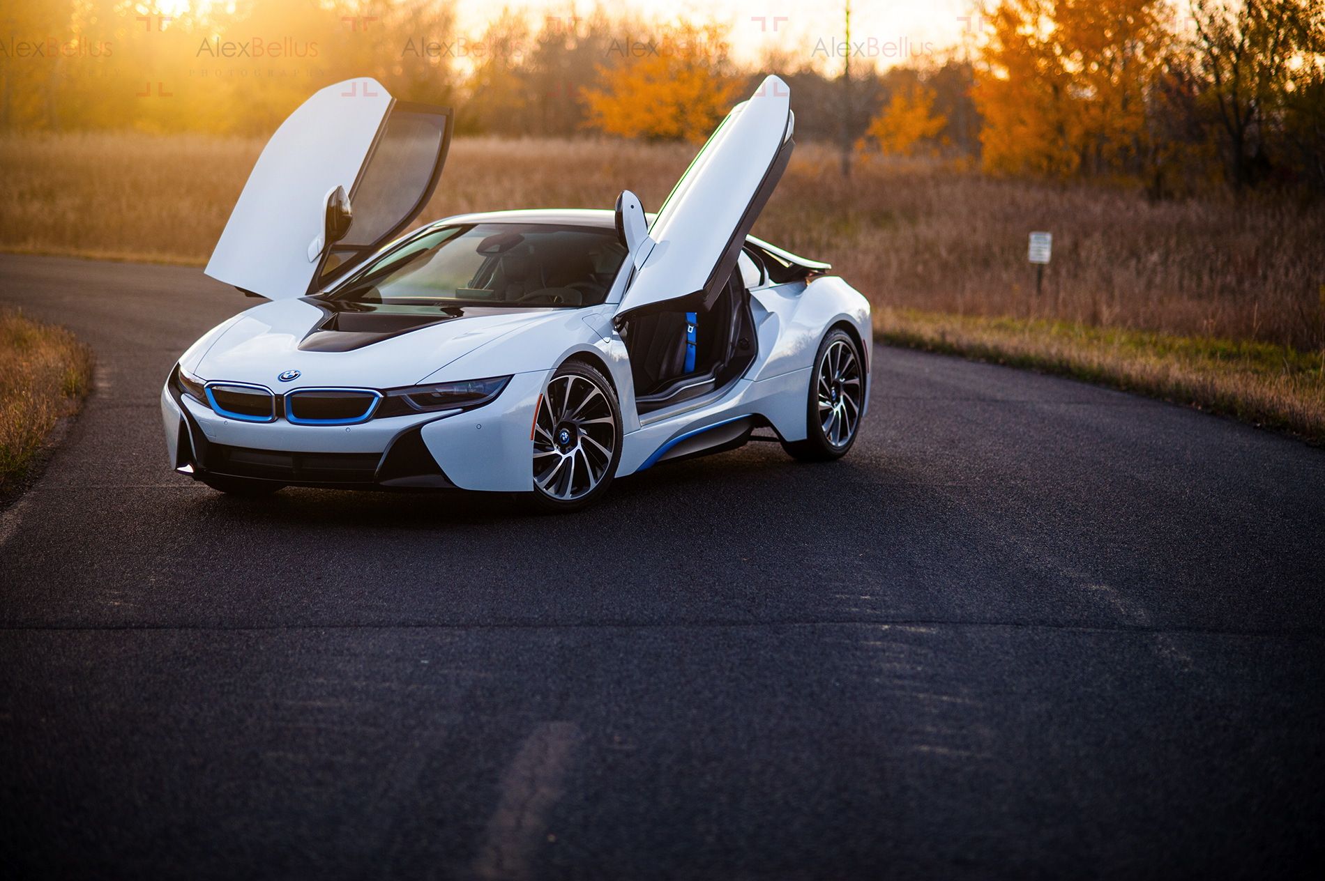 BMW i8, Flügeltüren, Weißes Auto, Herbst, Landstraße, HD, Hintergrundbild für den PC