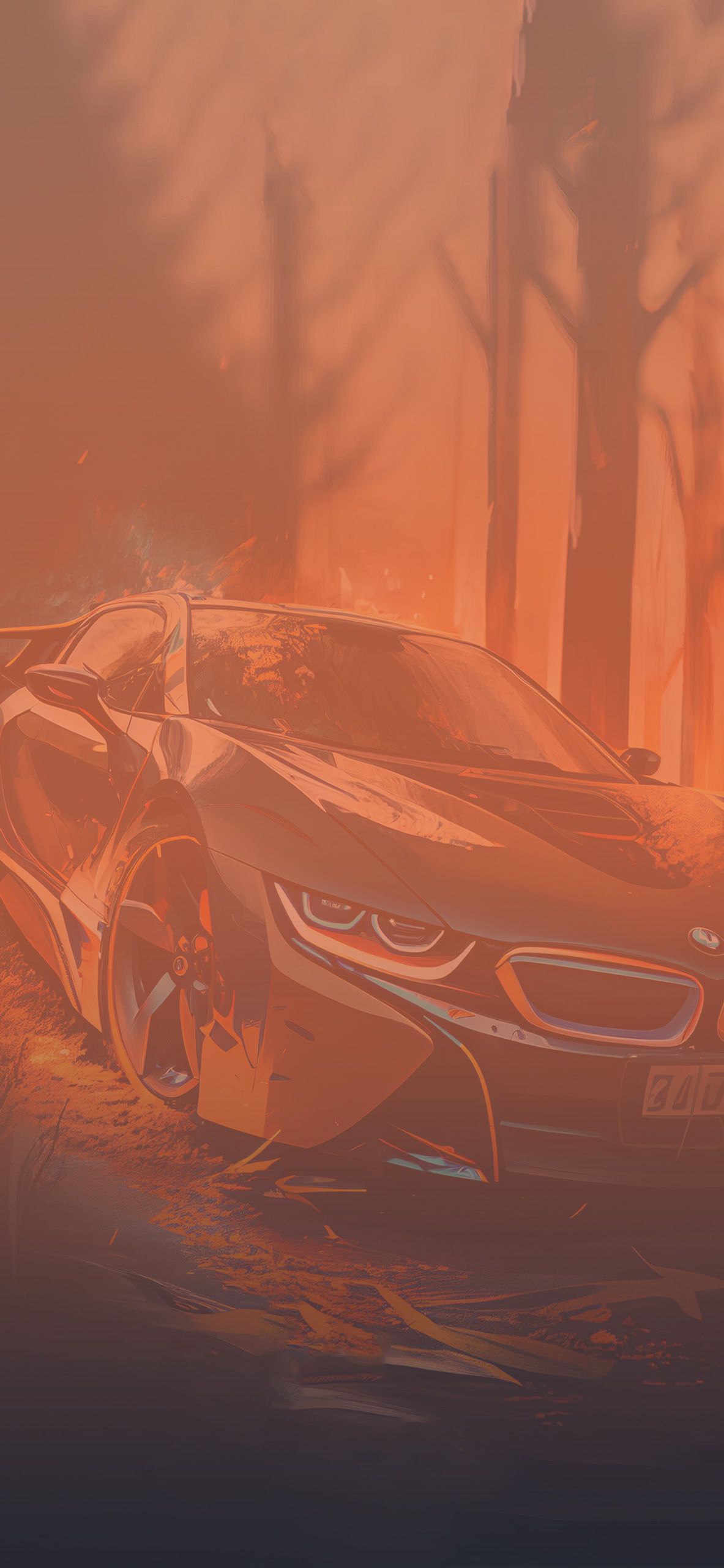 BMW i8, Orange getönt, Wald, Nebel, Silhouette, Full HD, Hintergrundbild fürs Handy