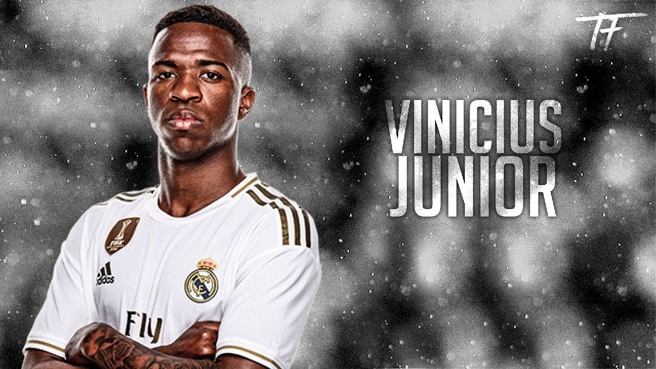 Vinícius Júnior, Real Madrid, Schriftzug, Schwarz-Weiß, Porträt, HD, Breitbild-Hintergrundbild