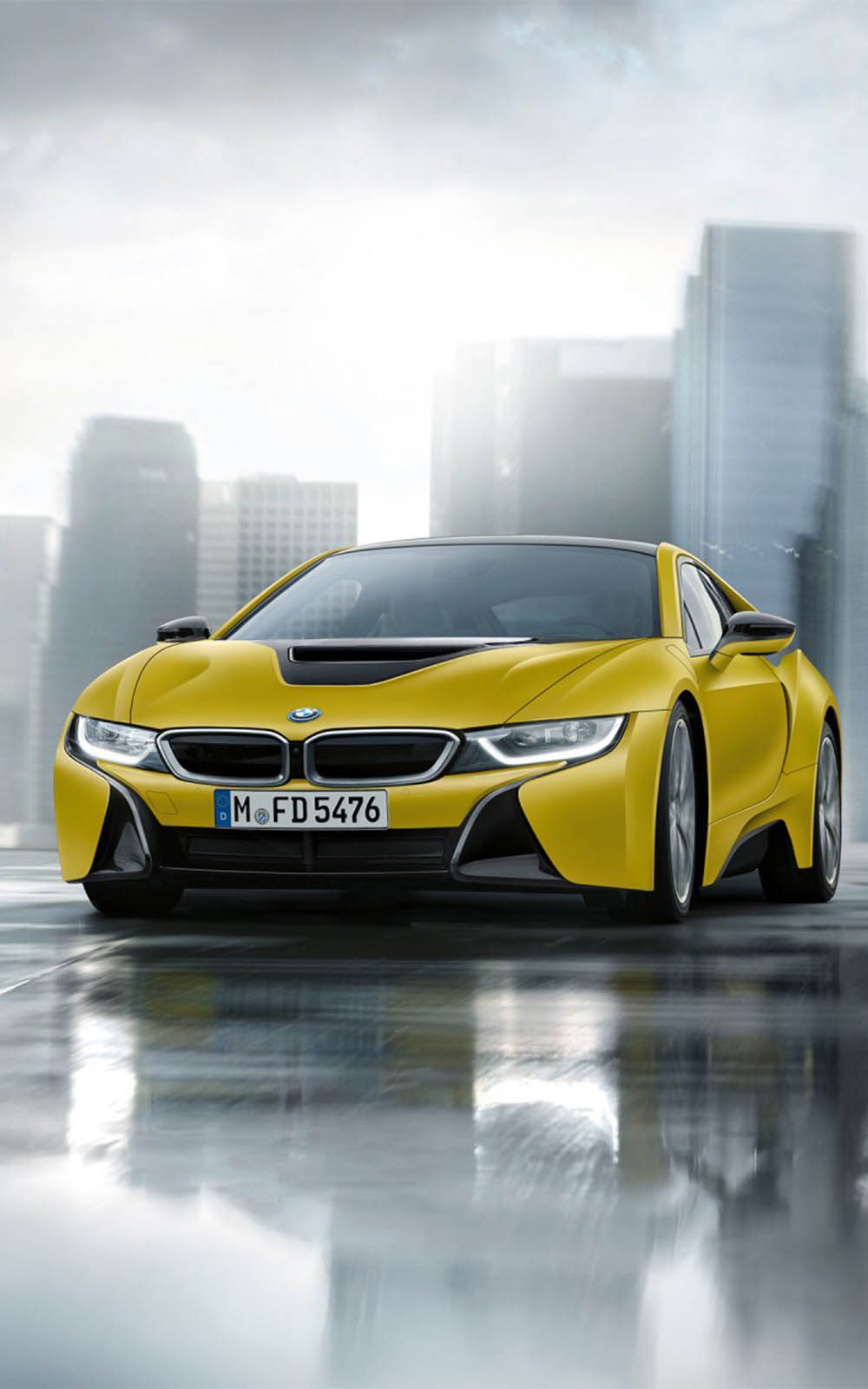 BMW i8, Gelbes Auto, Skyline, Spiegelung, Frontansicht, HD, Sperrbildschirm fürs iPhone